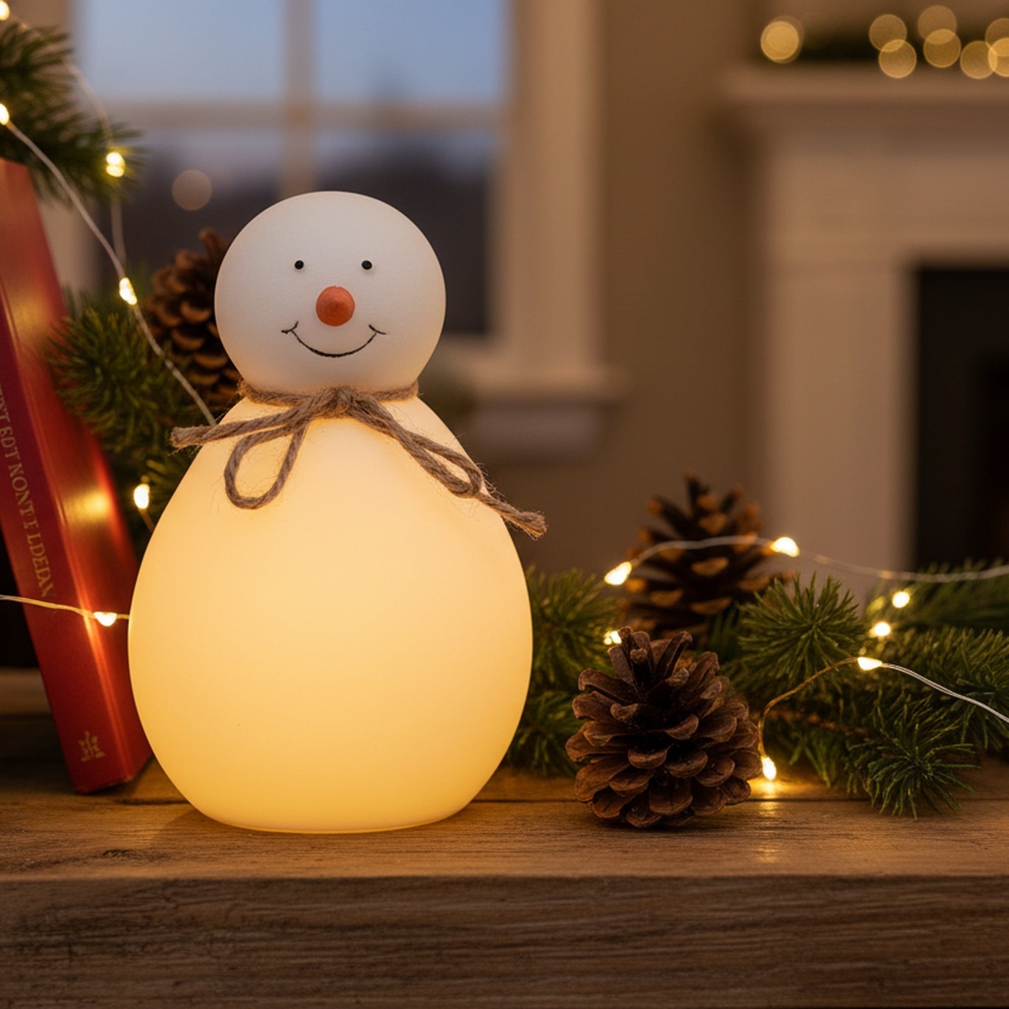 LED Porcelain Snowman Figurine with Twine, Christmas, Figurine, Holiday Decor