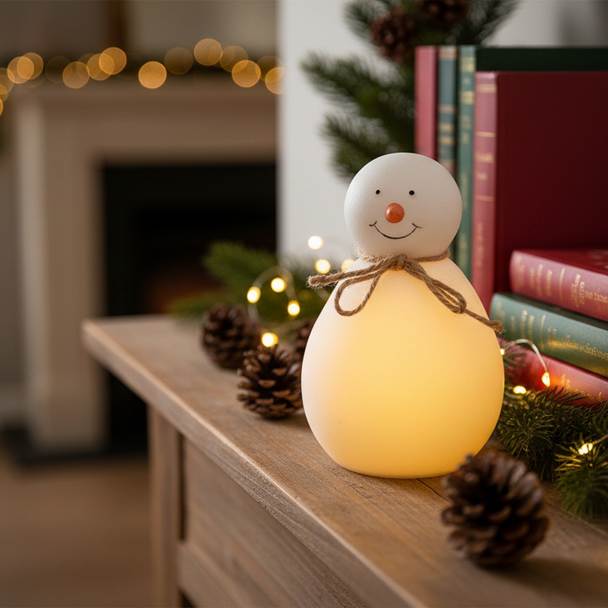 LED Porcelain Snowman Figurine with Twine, Christmas, Figurine, Holiday Decor