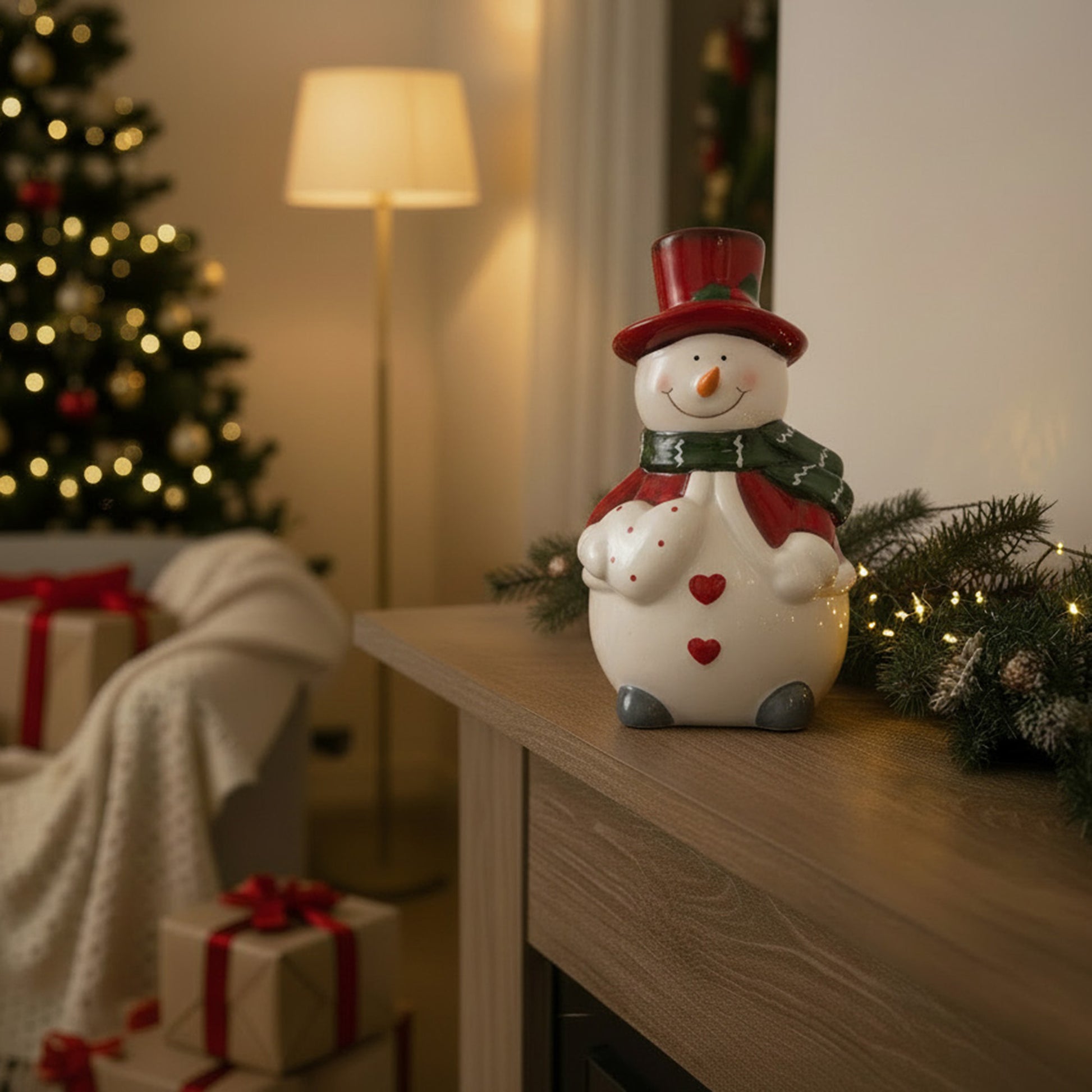 Porcelain Snowman with Red Hat Holding Heart Figurine, Christmas, Figurine, Holiday Decor