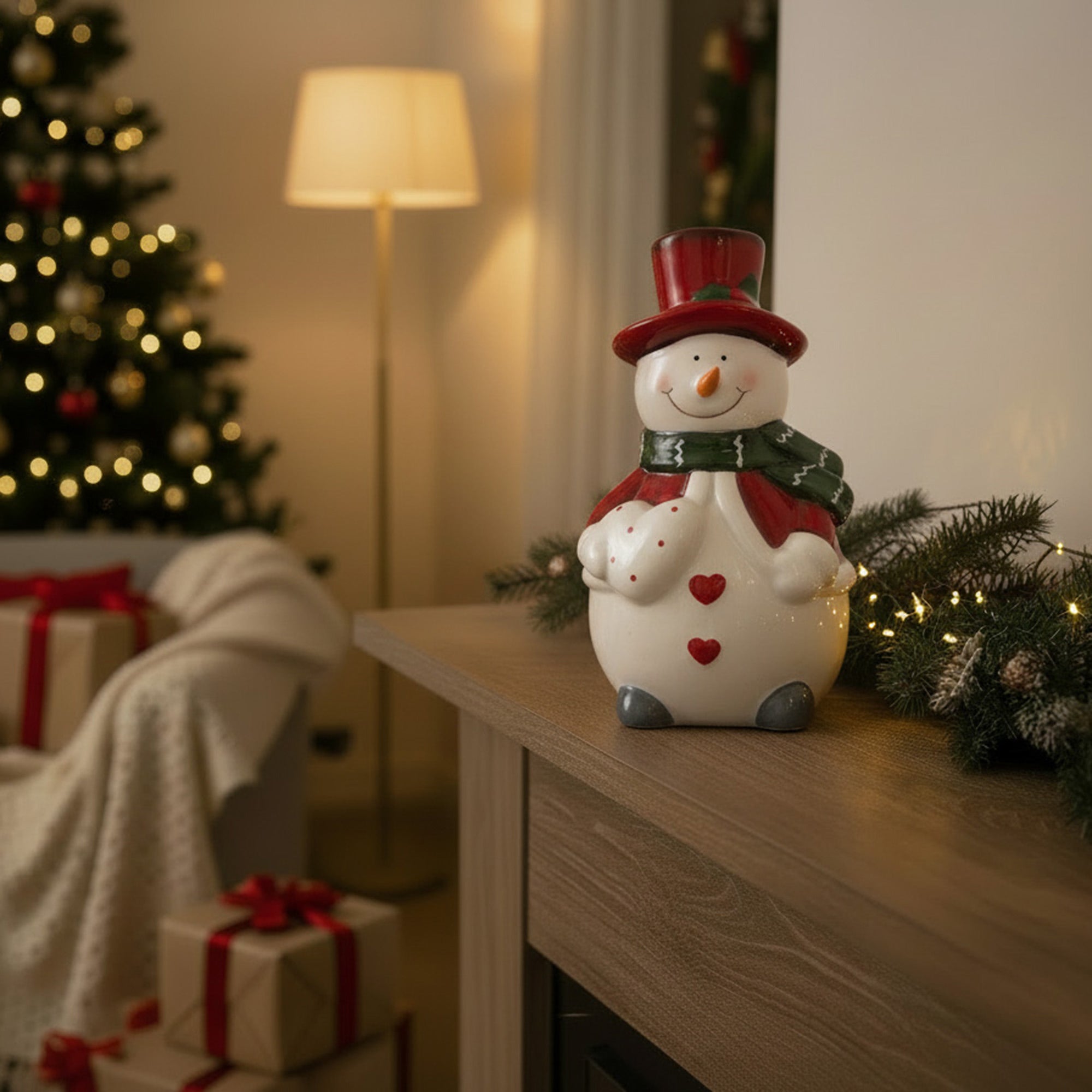 Porcelain Snowman with Red Hat Holding Heart Figurine, Christmas, Figurine, Holiday Decor