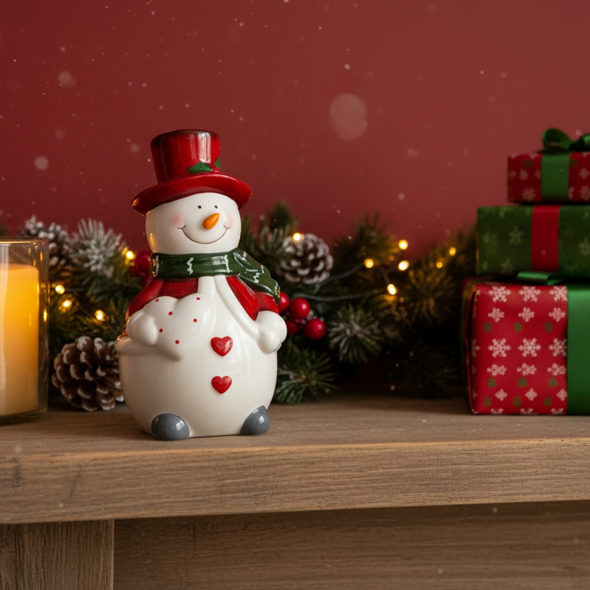 Porcelain Snowman with Red Hat Holding Heart Figurine, Christmas, Figurine, Holiday Decor