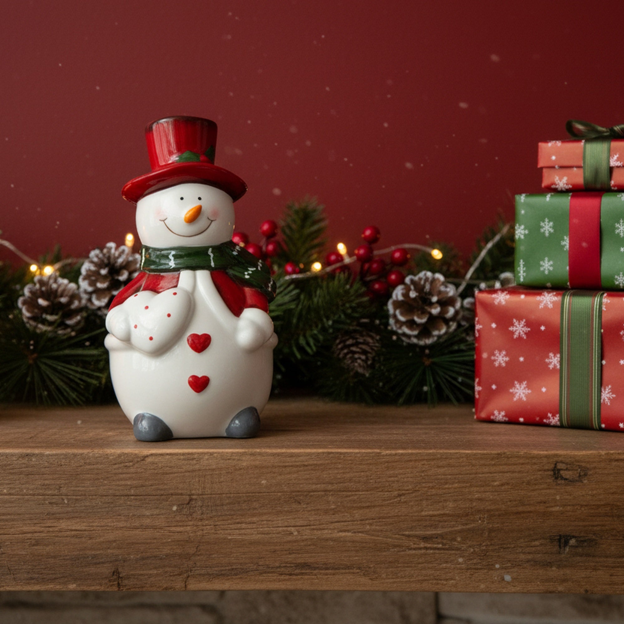 Porcelain Snowman with Red Hat Holding Heart Figurine, Christmas, Figurine, Holiday Decor
