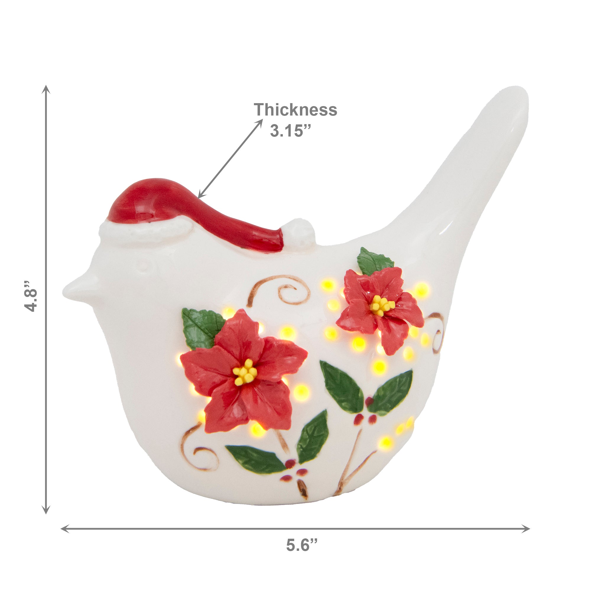 LED Porcelain Bird with Poinsettia, Christmas, Holiday Decor