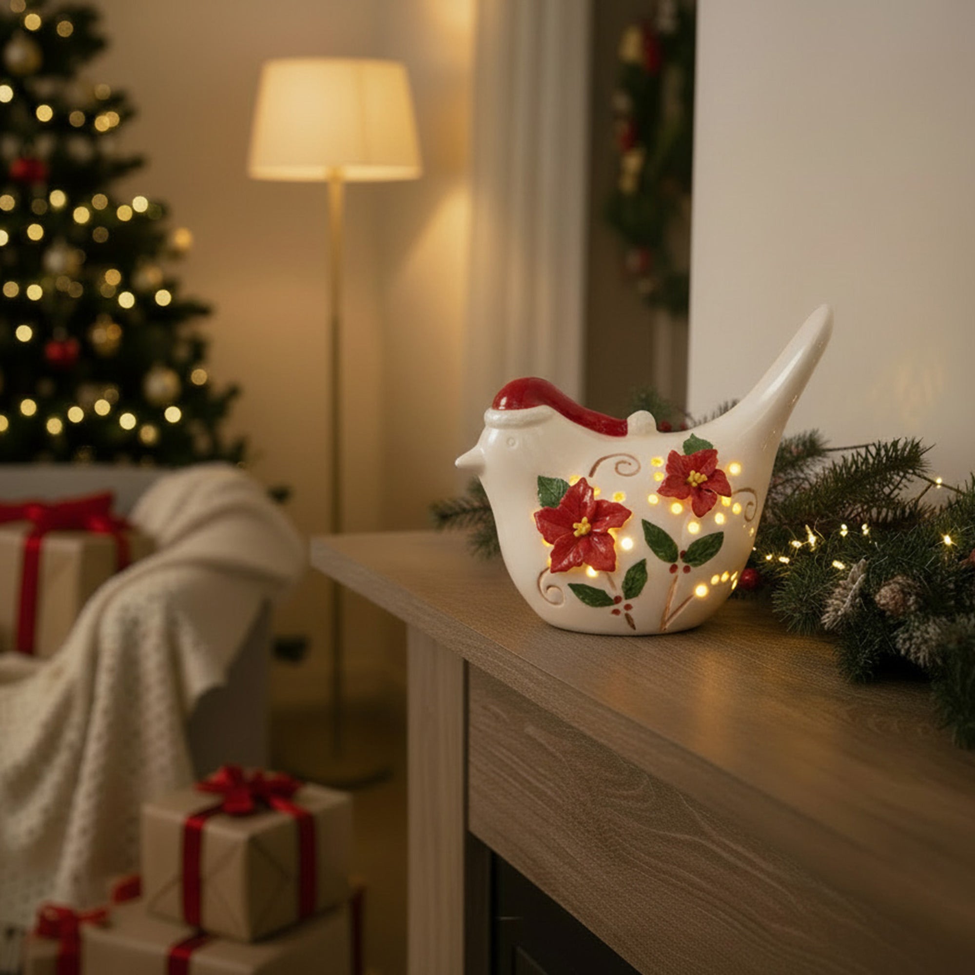 LED Porcelain Bird with Poinsettia, Christmas, Holiday Decor