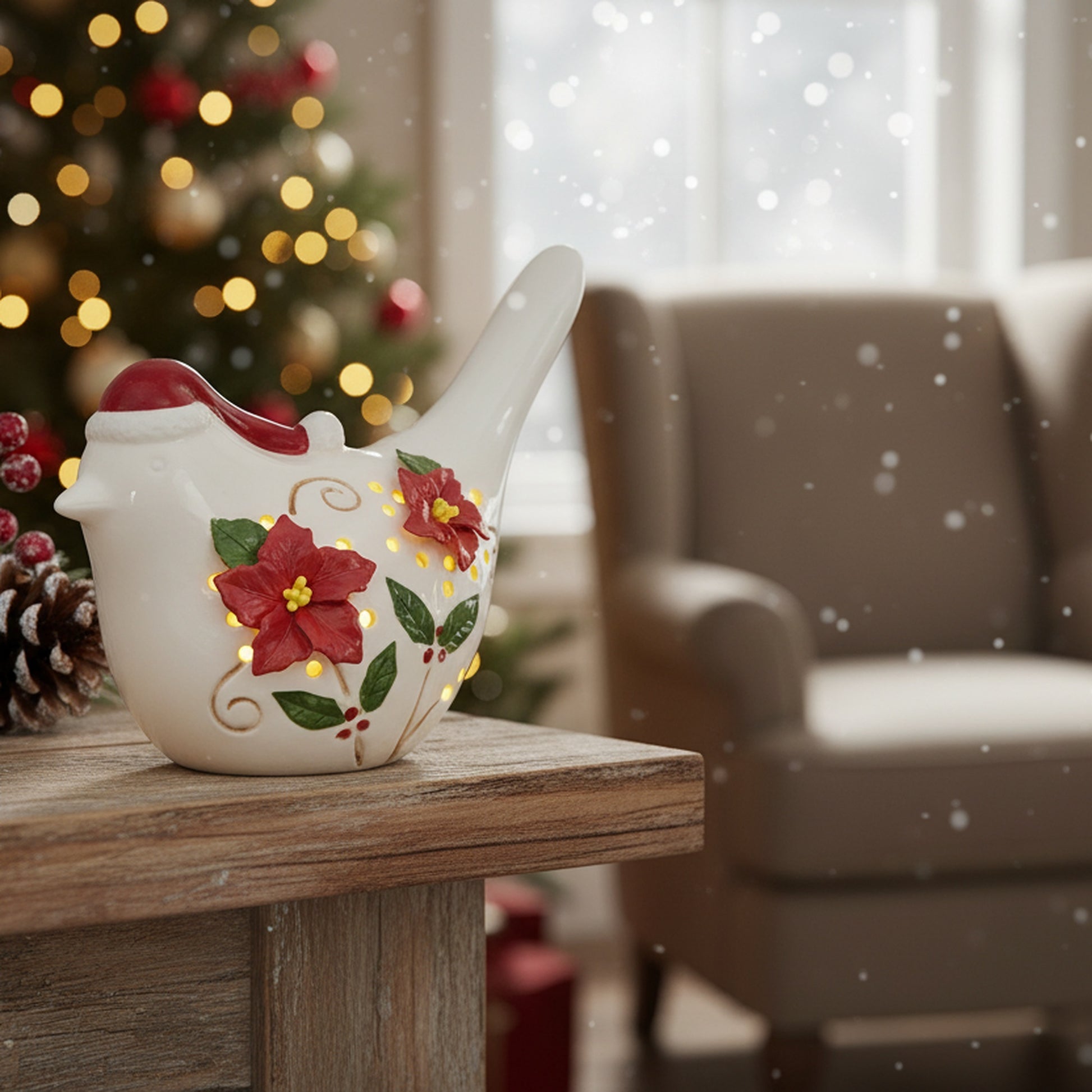 LED Porcelain Bird with Poinsettia, Christmas, Holiday Decor