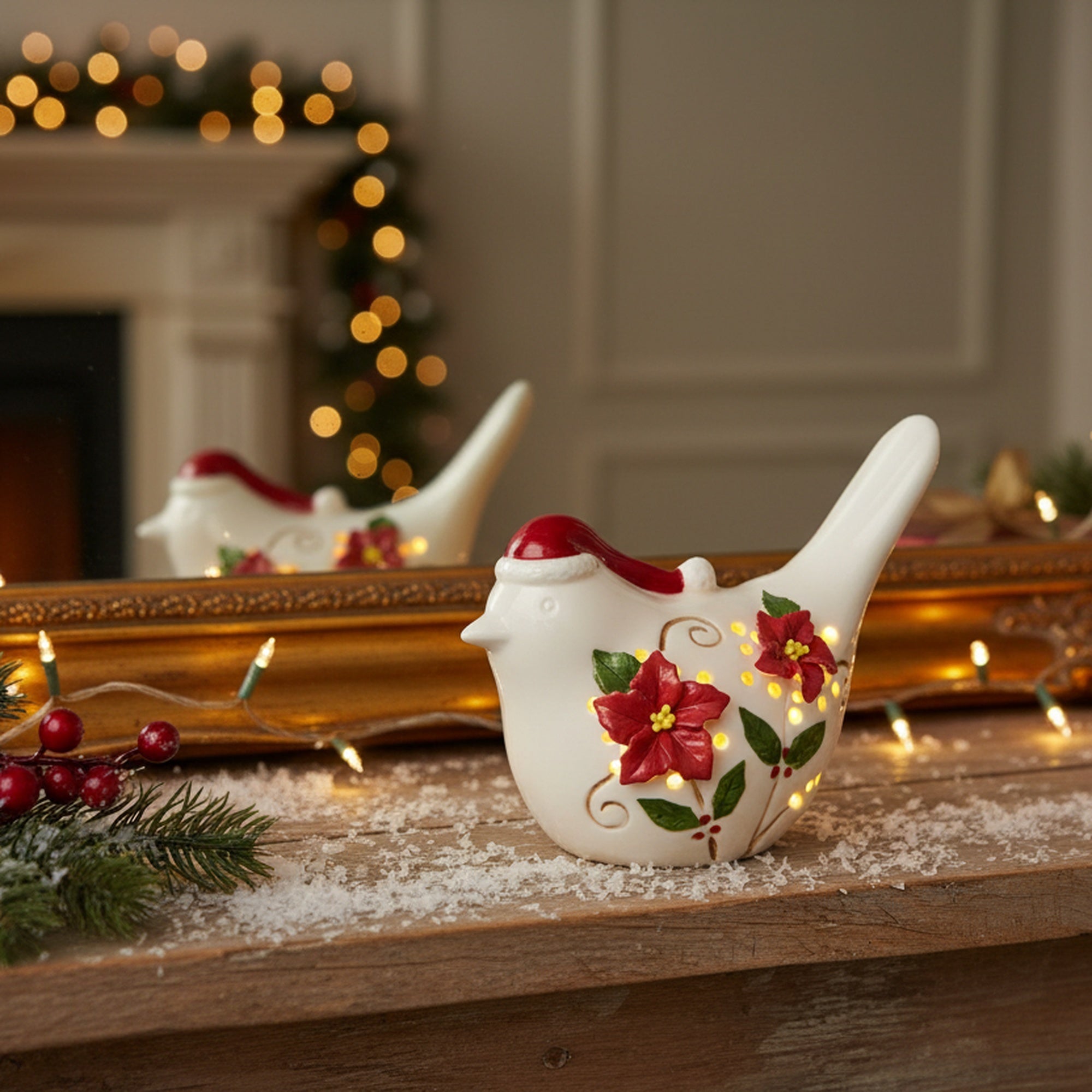 LED Porcelain Bird with Poinsettia, Christmas, Holiday Decor