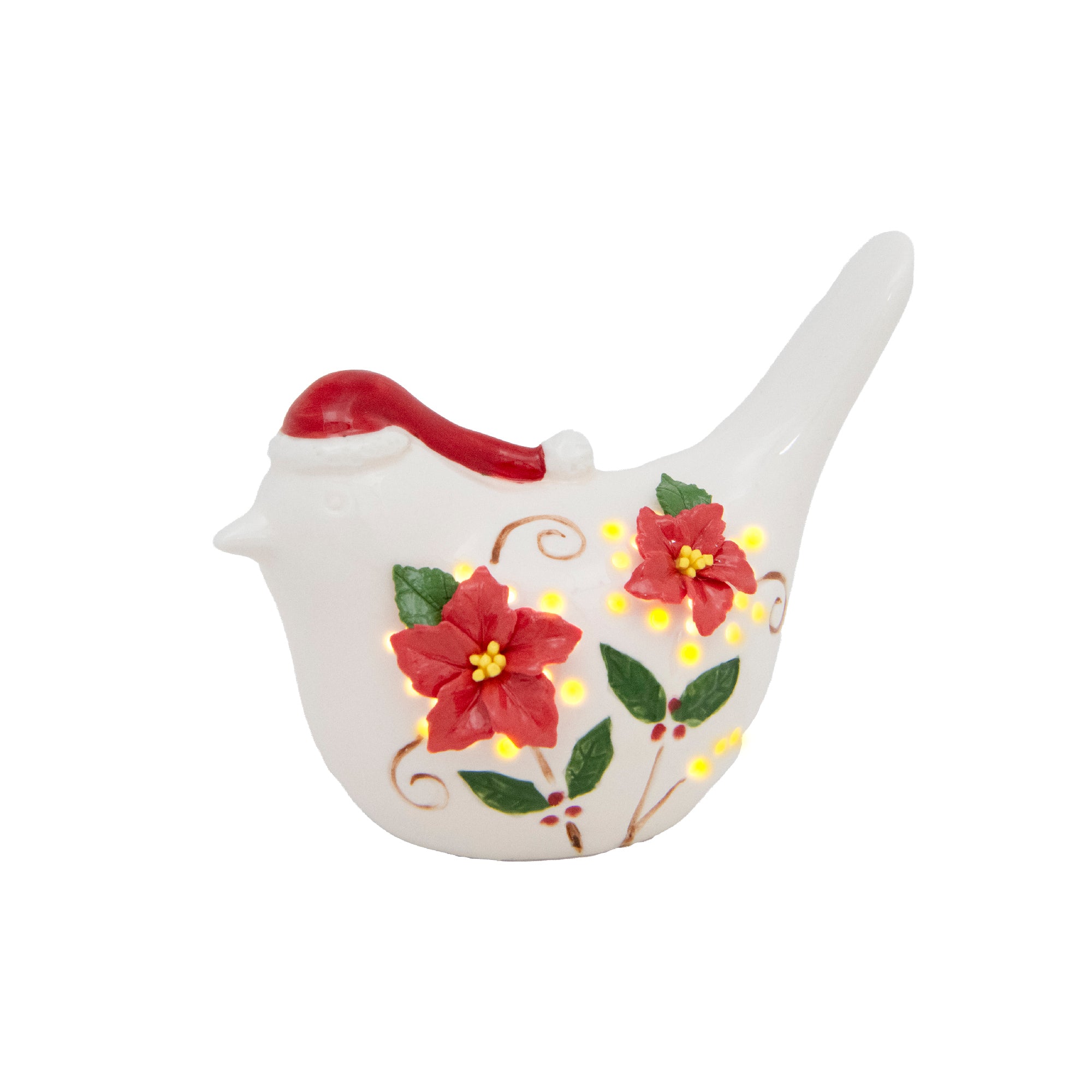 LED Porcelain Bird with Poinsettia, Christmas, Holiday Decor