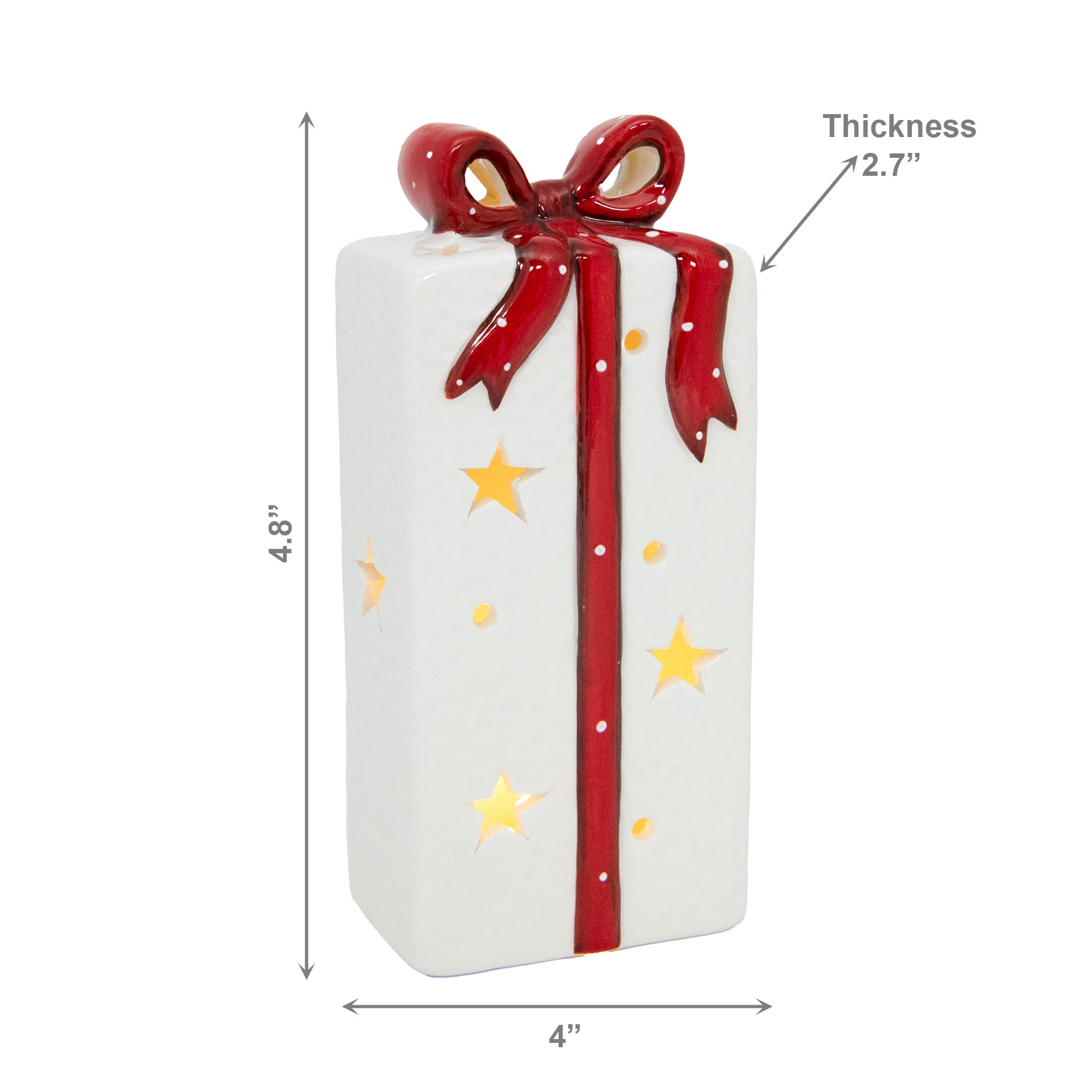 LED Porcelain Present with Red Bow, Floral Pick, Holiday Decor