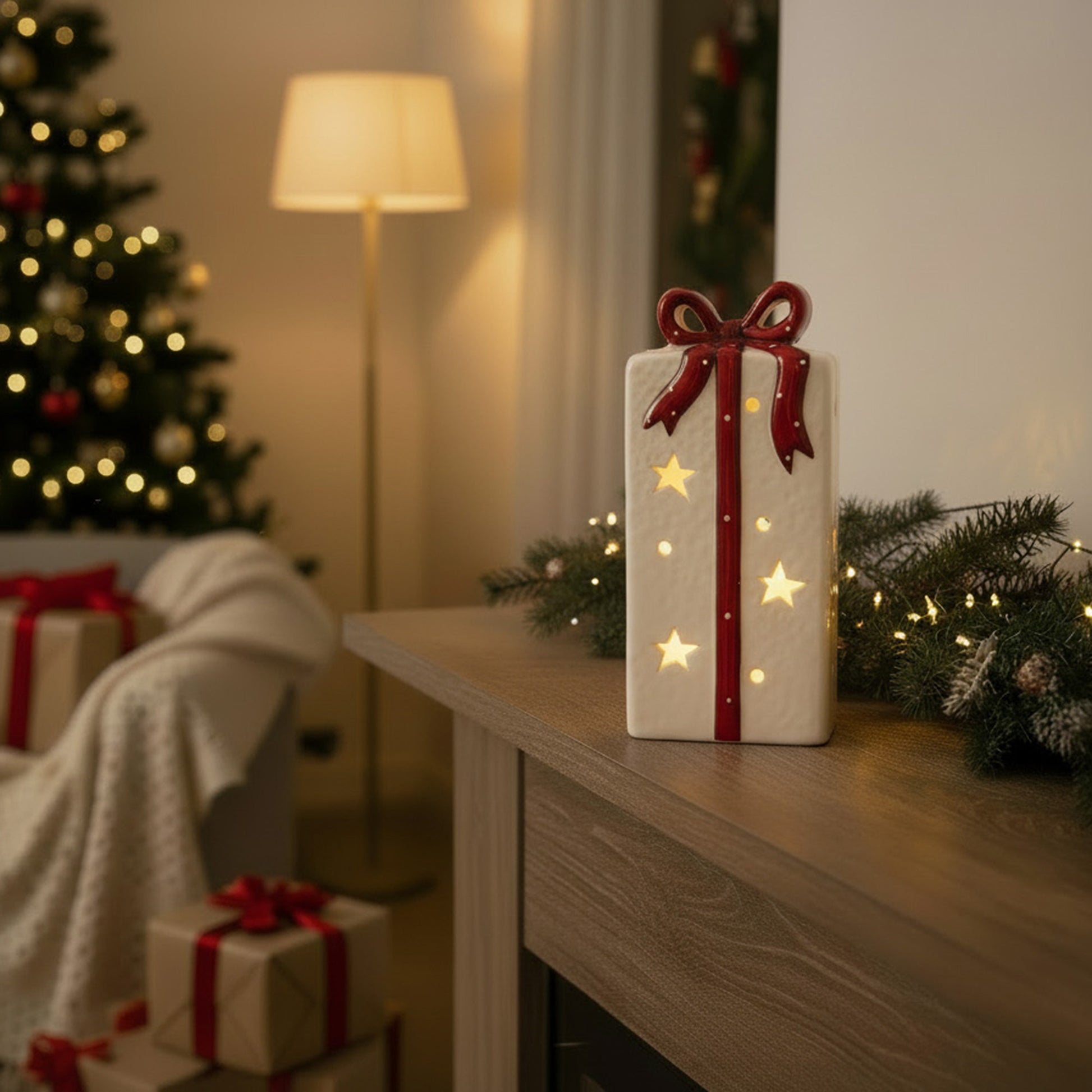 LED Porcelain Present with Red Bow, Floral Pick, Holiday Decor