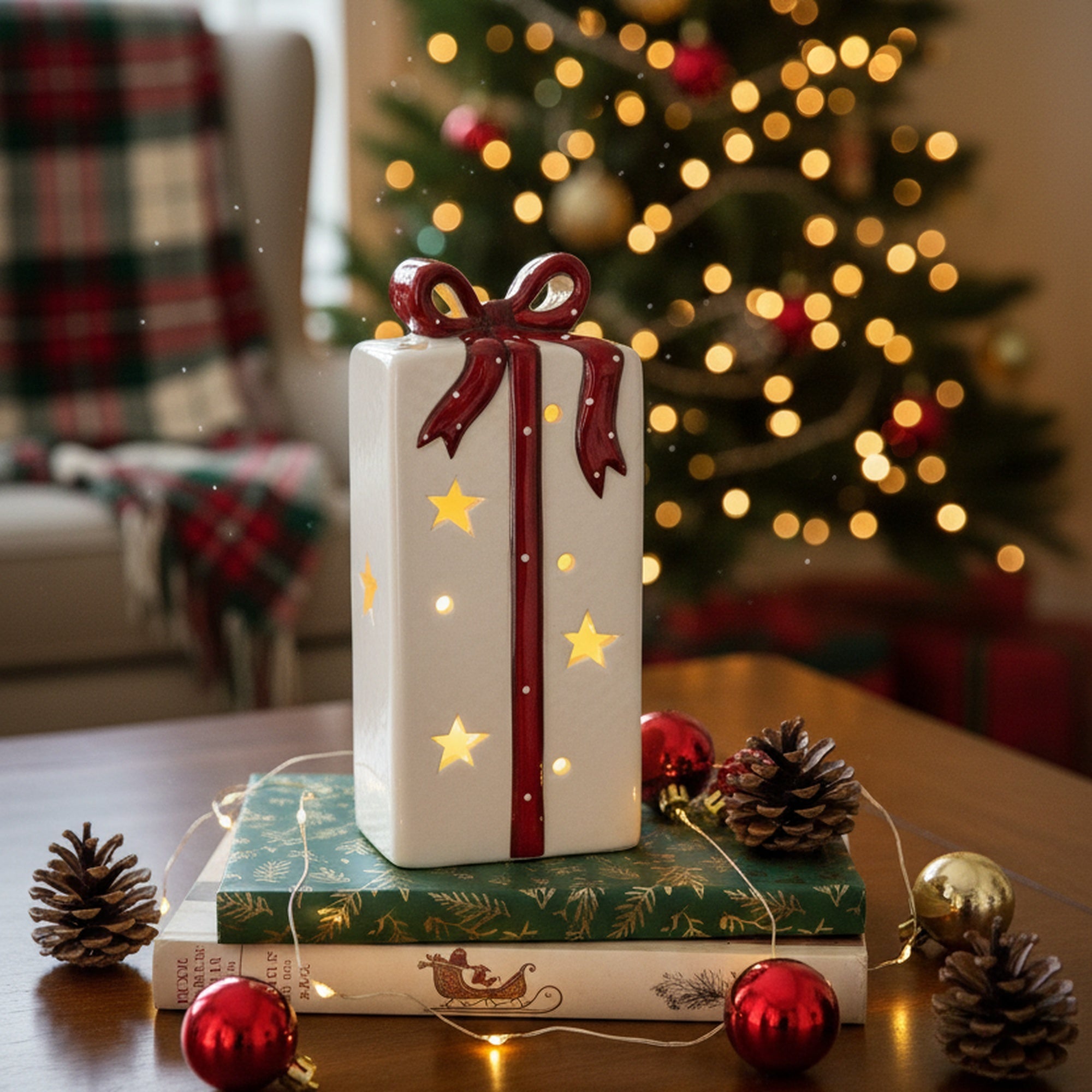 LED Porcelain Present with Red Bow, Floral Pick, Holiday Decor