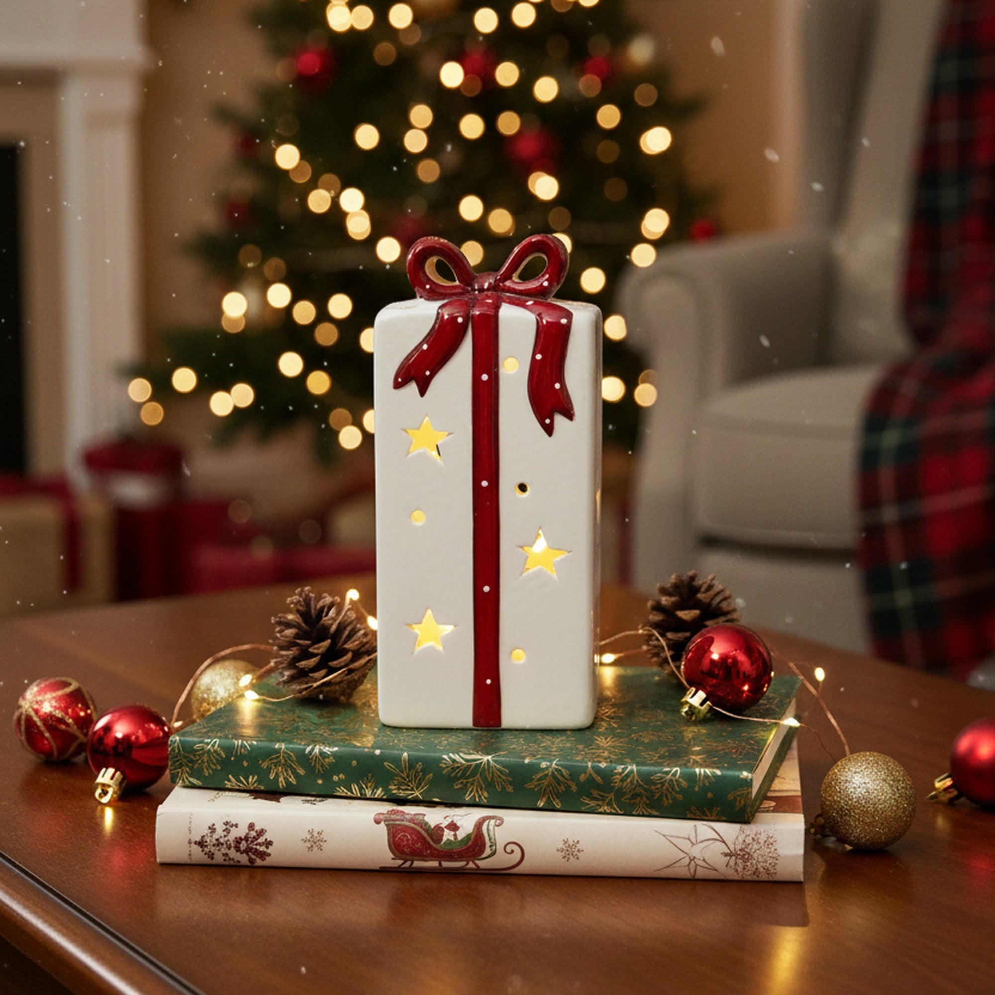 LED Porcelain Present with Red Bow, Floral Pick, Holiday Decor