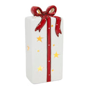 LED Porcelain Present with Red Bow, Floral Pick, Holiday Decor