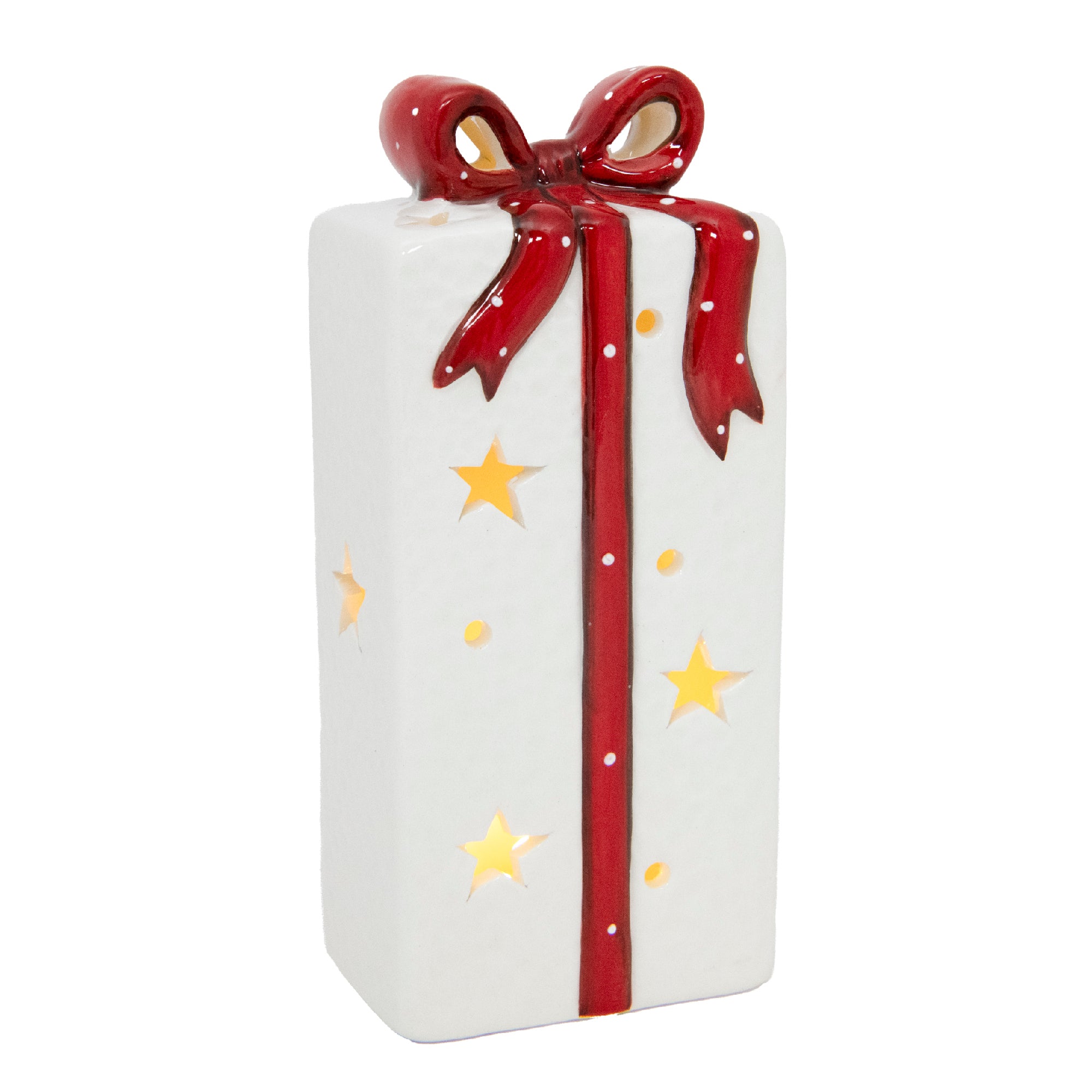 LED Porcelain Present with Red Bow, Floral Pick, Holiday Decor
