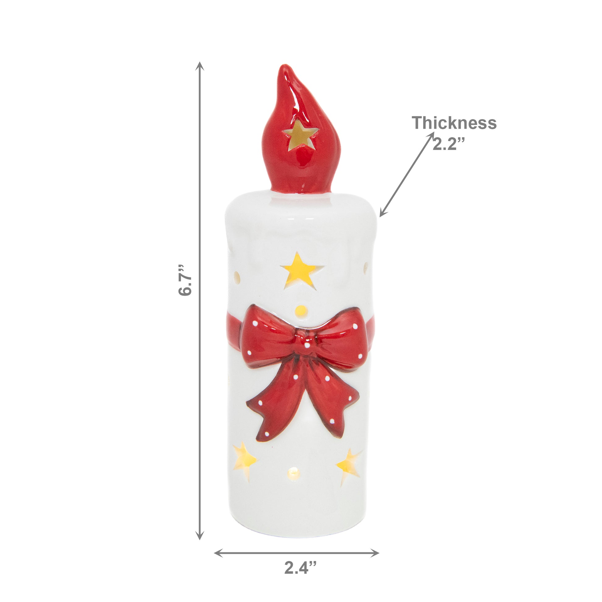 LED Porcelain Candle with Red Bow, Floral Pick, Holiday Decor