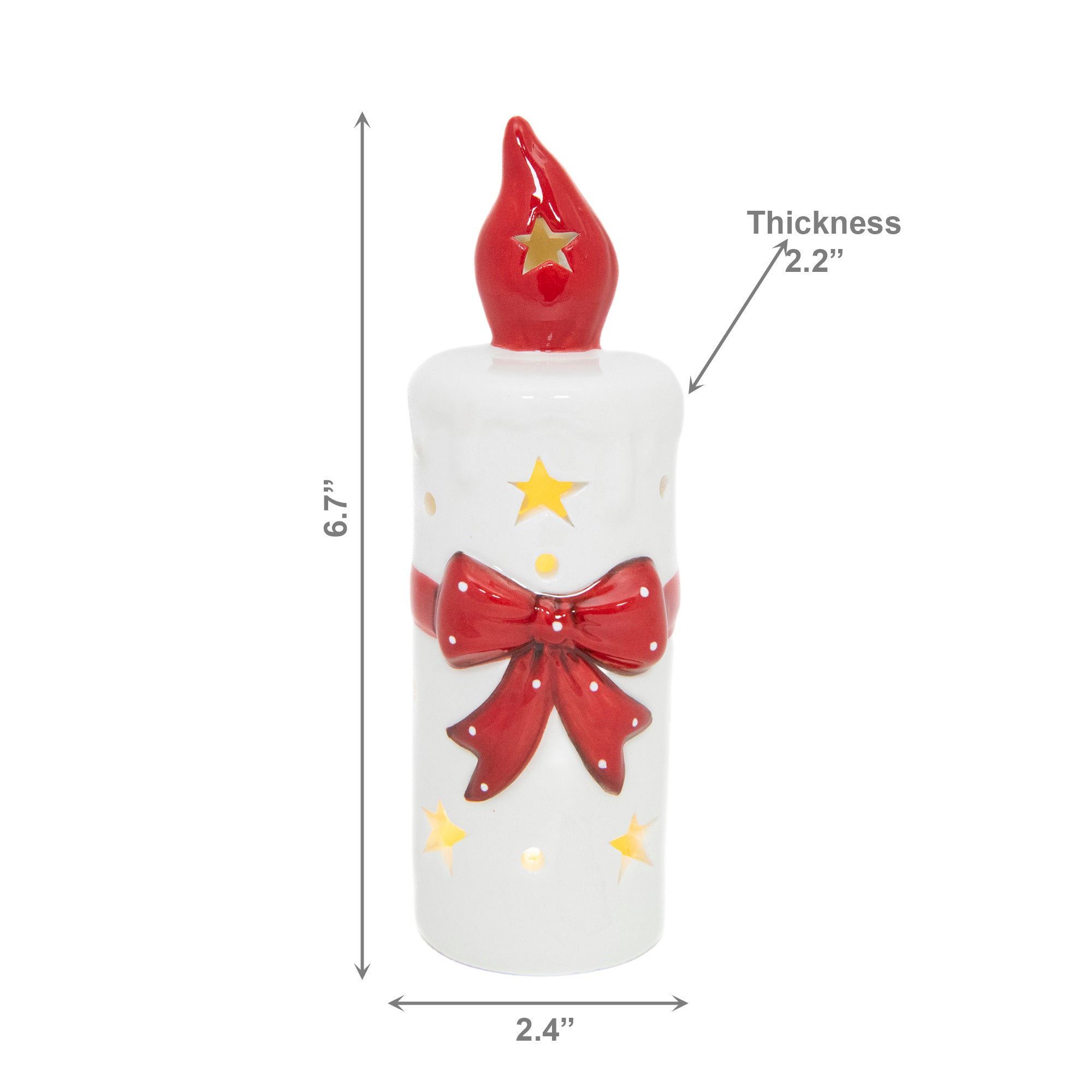 LED Porcelain Candle with Red Bow, Floral Pick, Holiday Decor