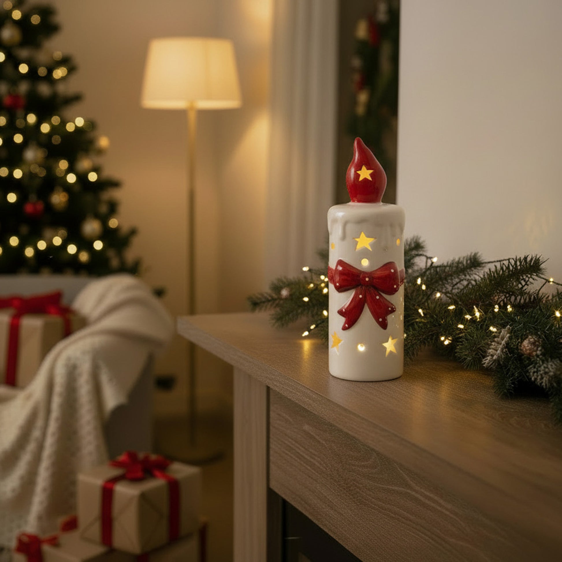 LED Porcelain Candle with Red Bow, Floral Pick, Holiday Decor