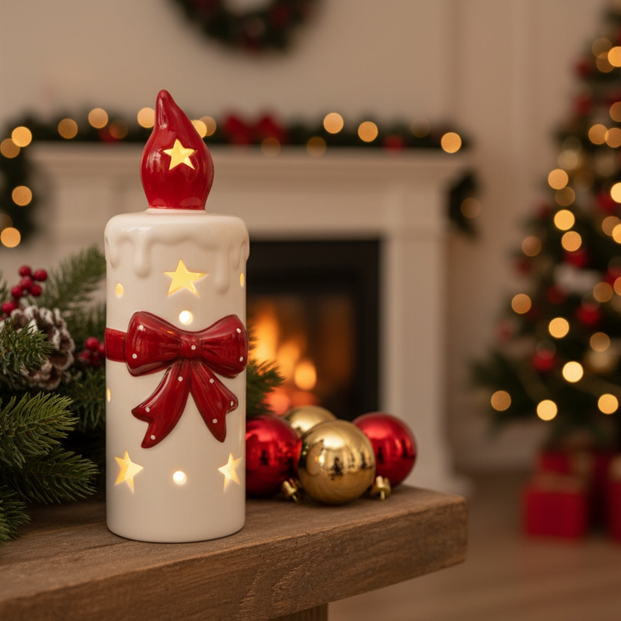LED Porcelain Candle with Red Bow, Floral Pick, Holiday Decor