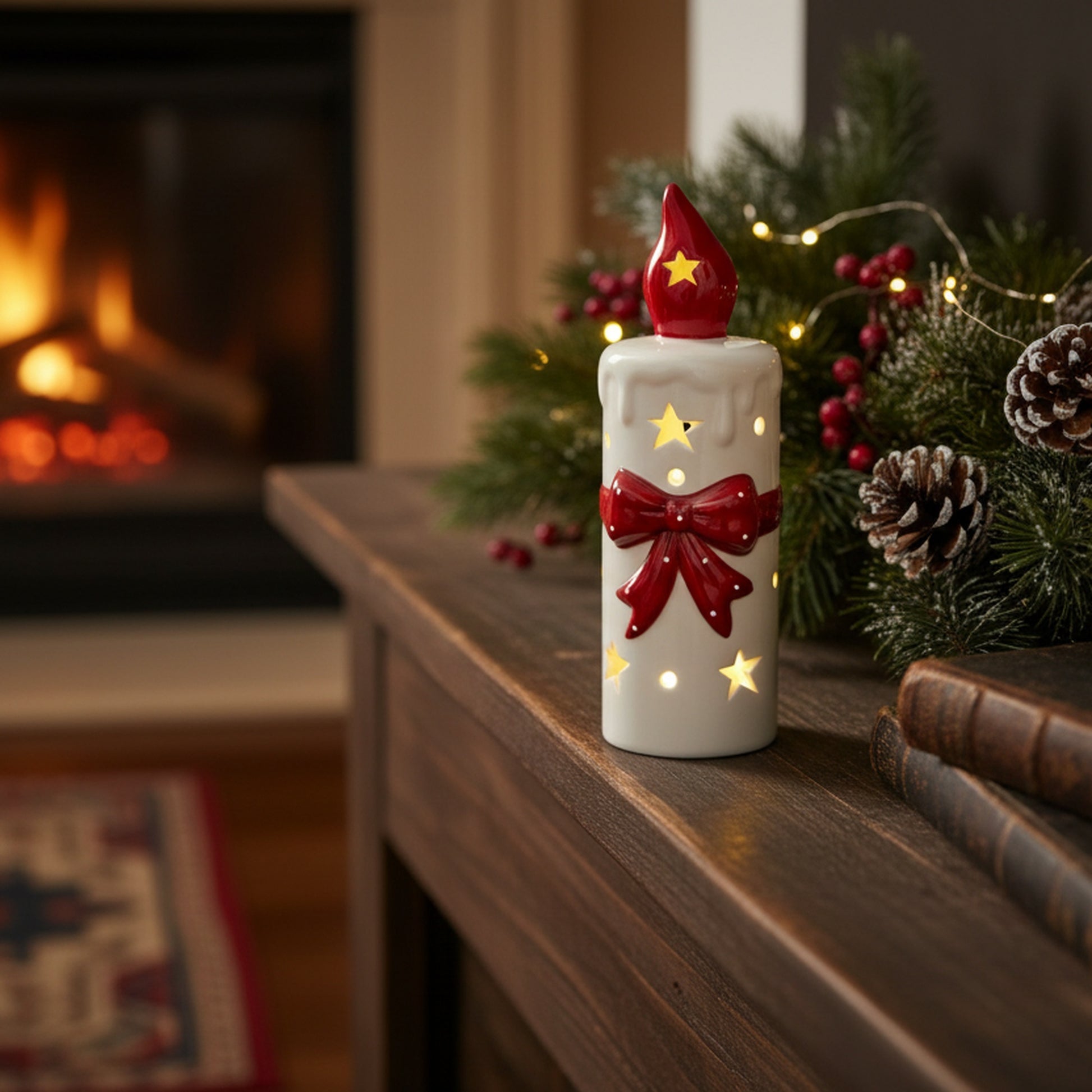LED Porcelain Candle with Red Bow, Floral Pick, Holiday Decor