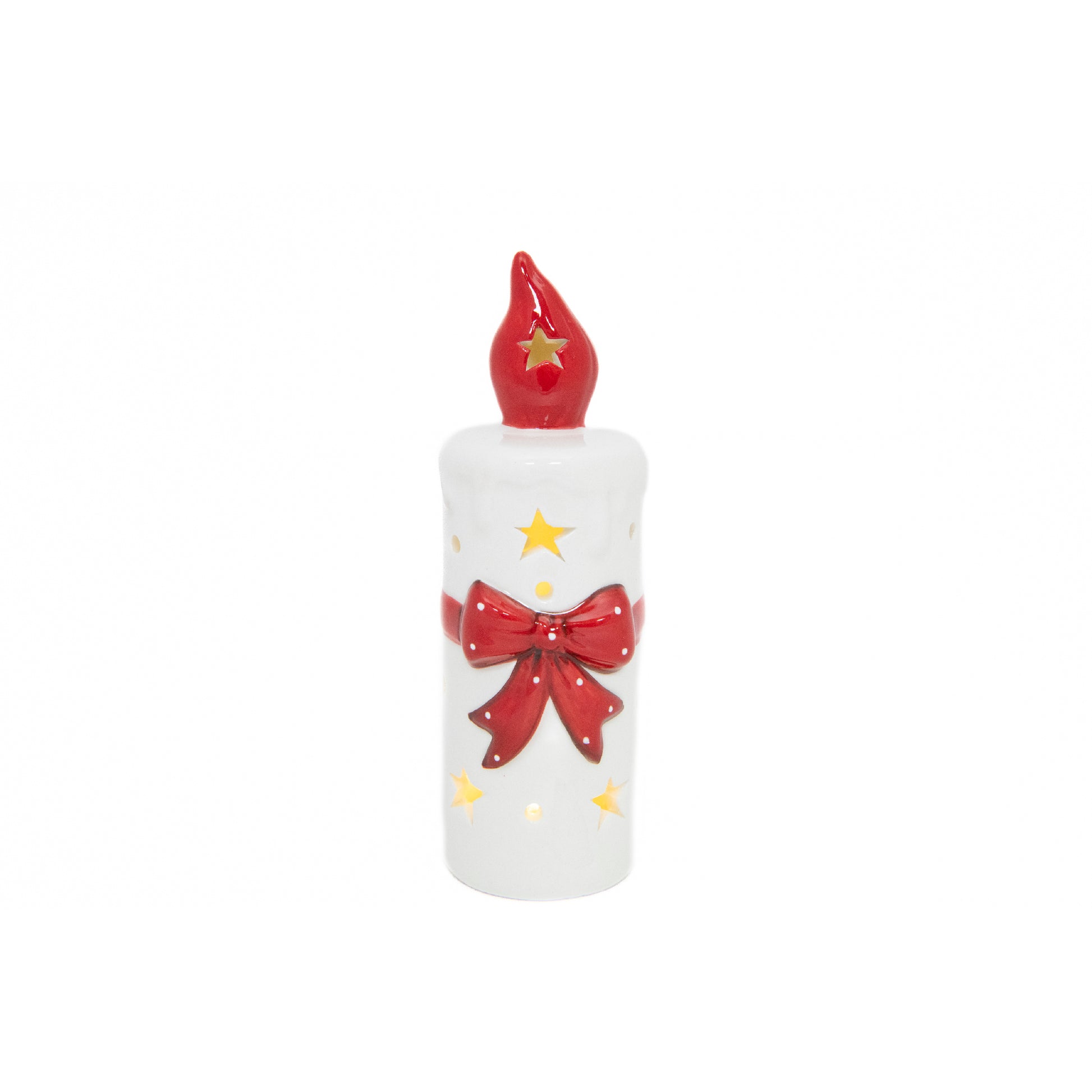 LED Porcelain Candle with Red Bow, Floral Pick, Holiday Decor