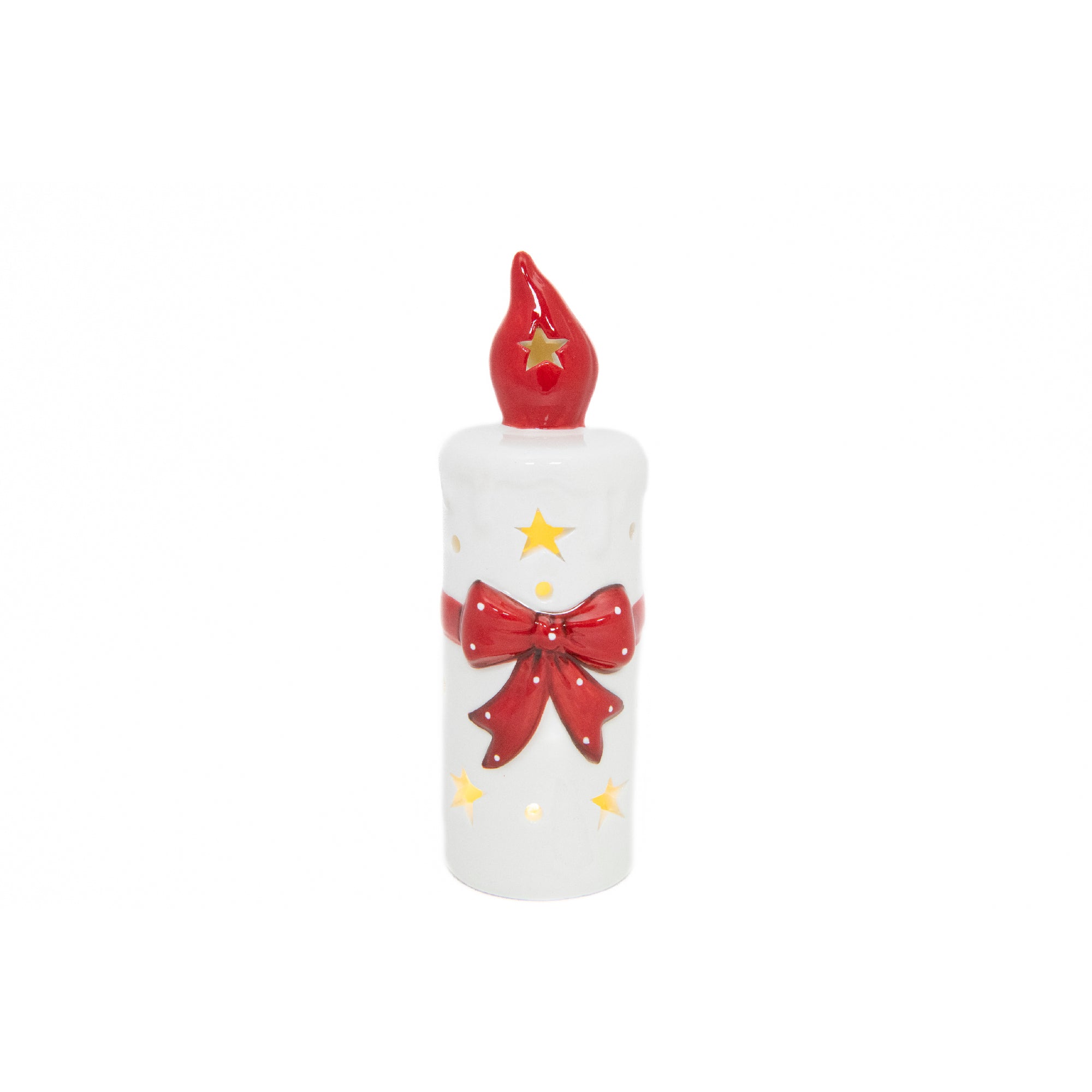 LED Porcelain Candle with Red Bow, Floral Pick, Holiday Decor