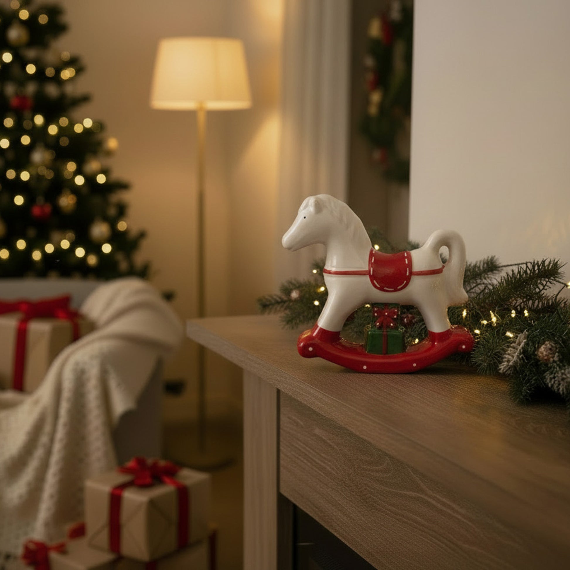 Porcelain Rocking Horse with Presents, Holiday Decor
