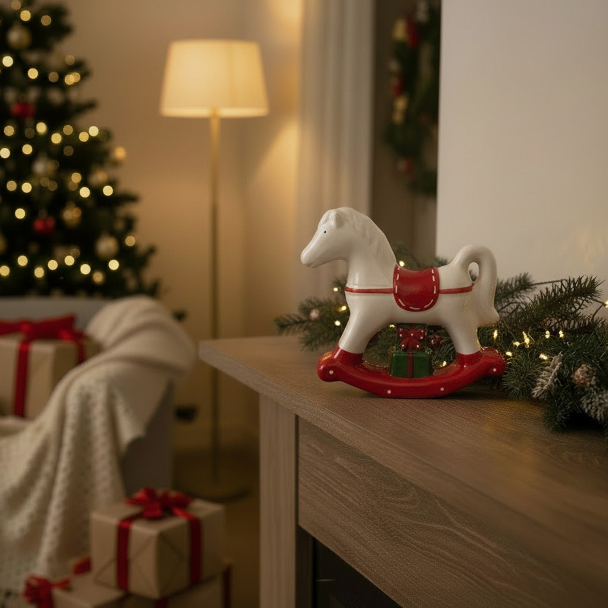 Porcelain Rocking Horse with Presents, Holiday Decor