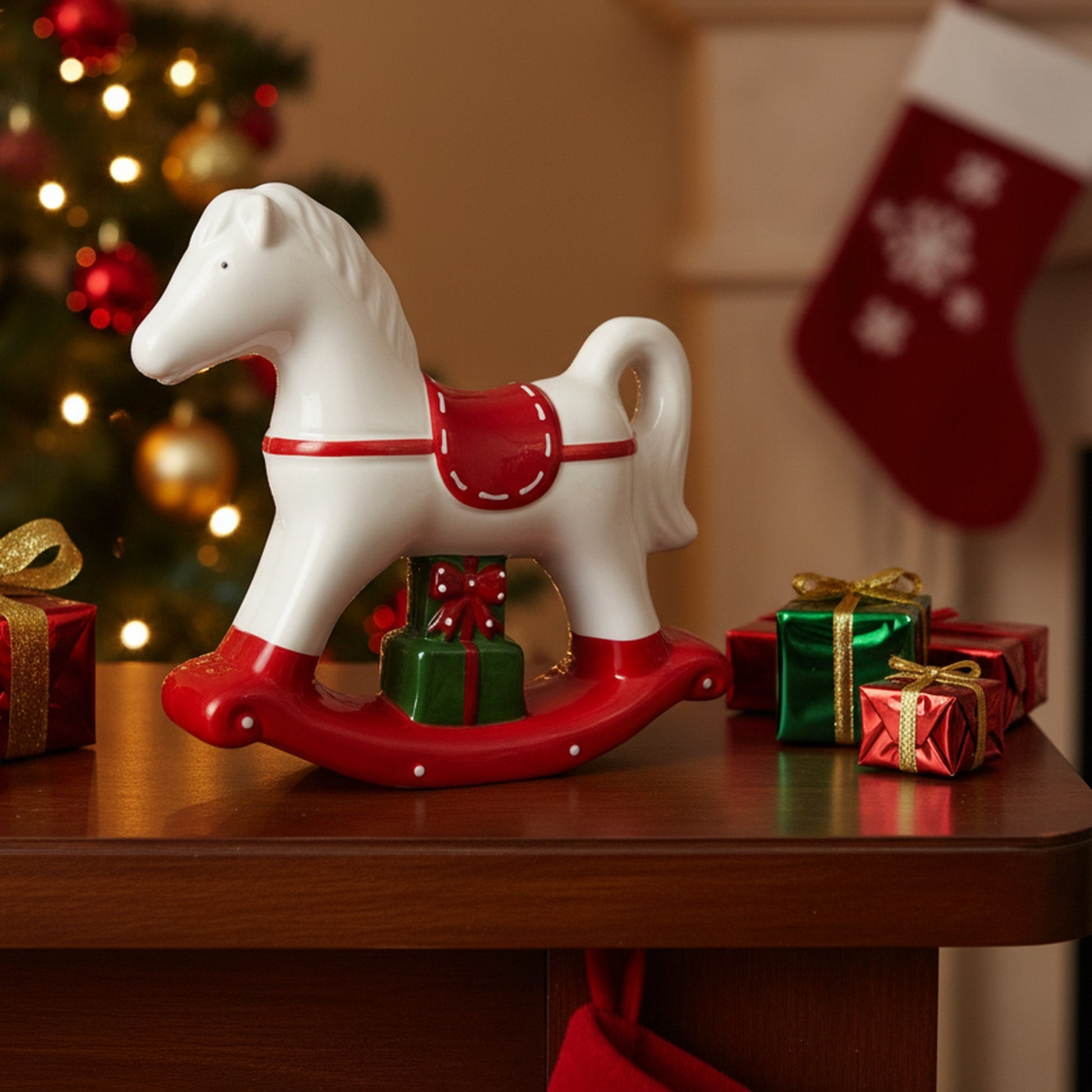 Porcelain Rocking Horse with Presents, Holiday Decor