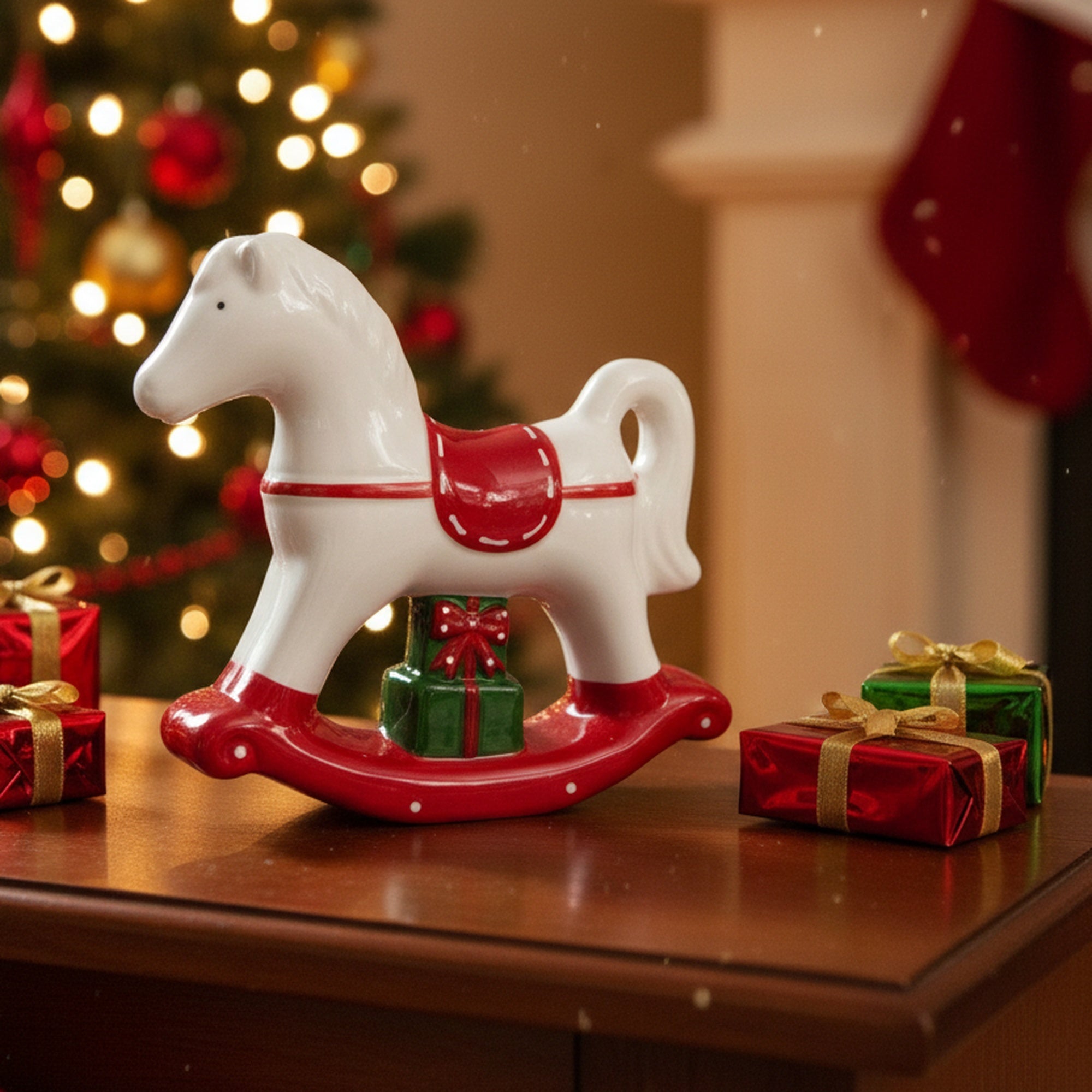 Porcelain Rocking Horse with Presents, Holiday Decor