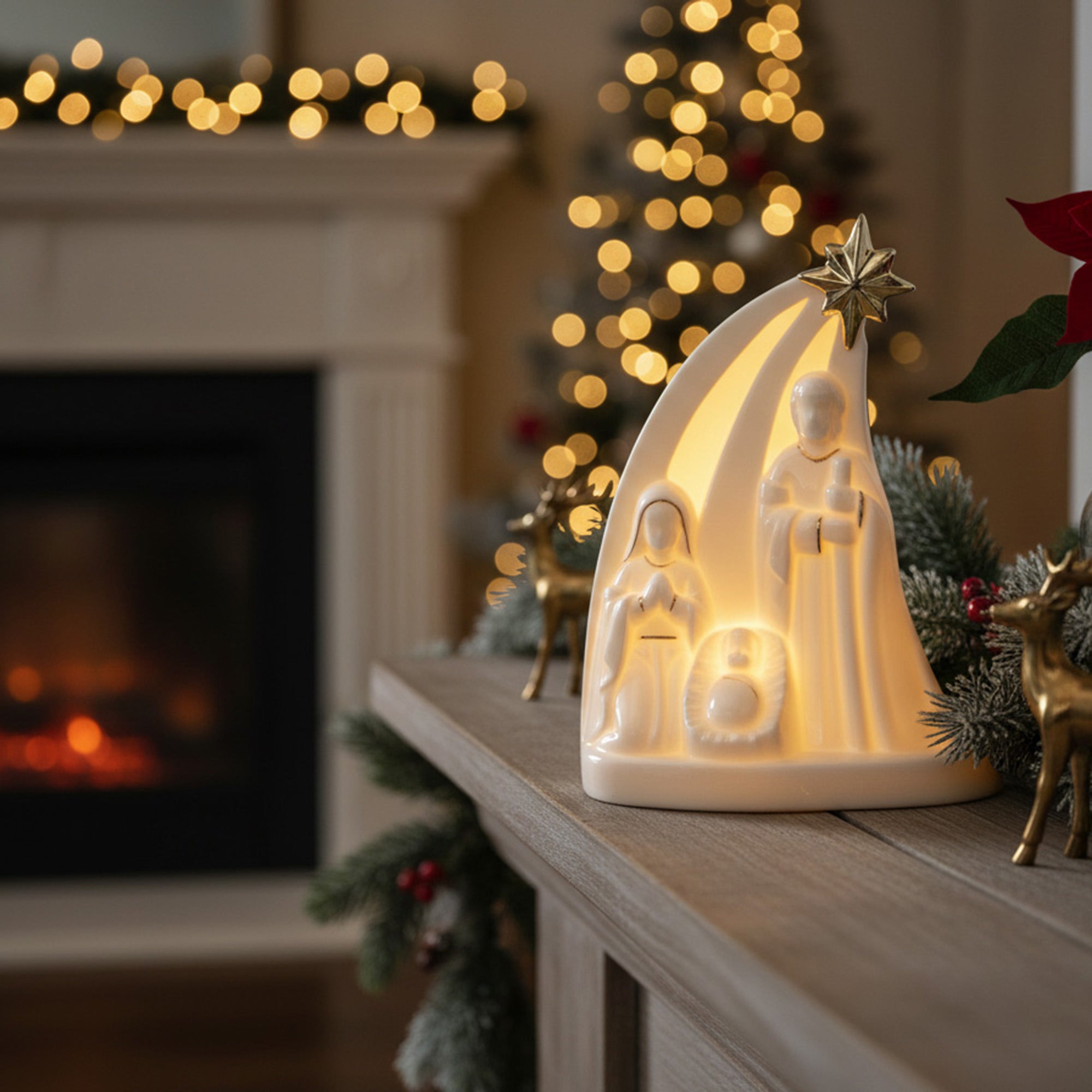 LED White Porcelain Nativity Scene with Gold Star, Christmas, Figurine, Holiday Decor