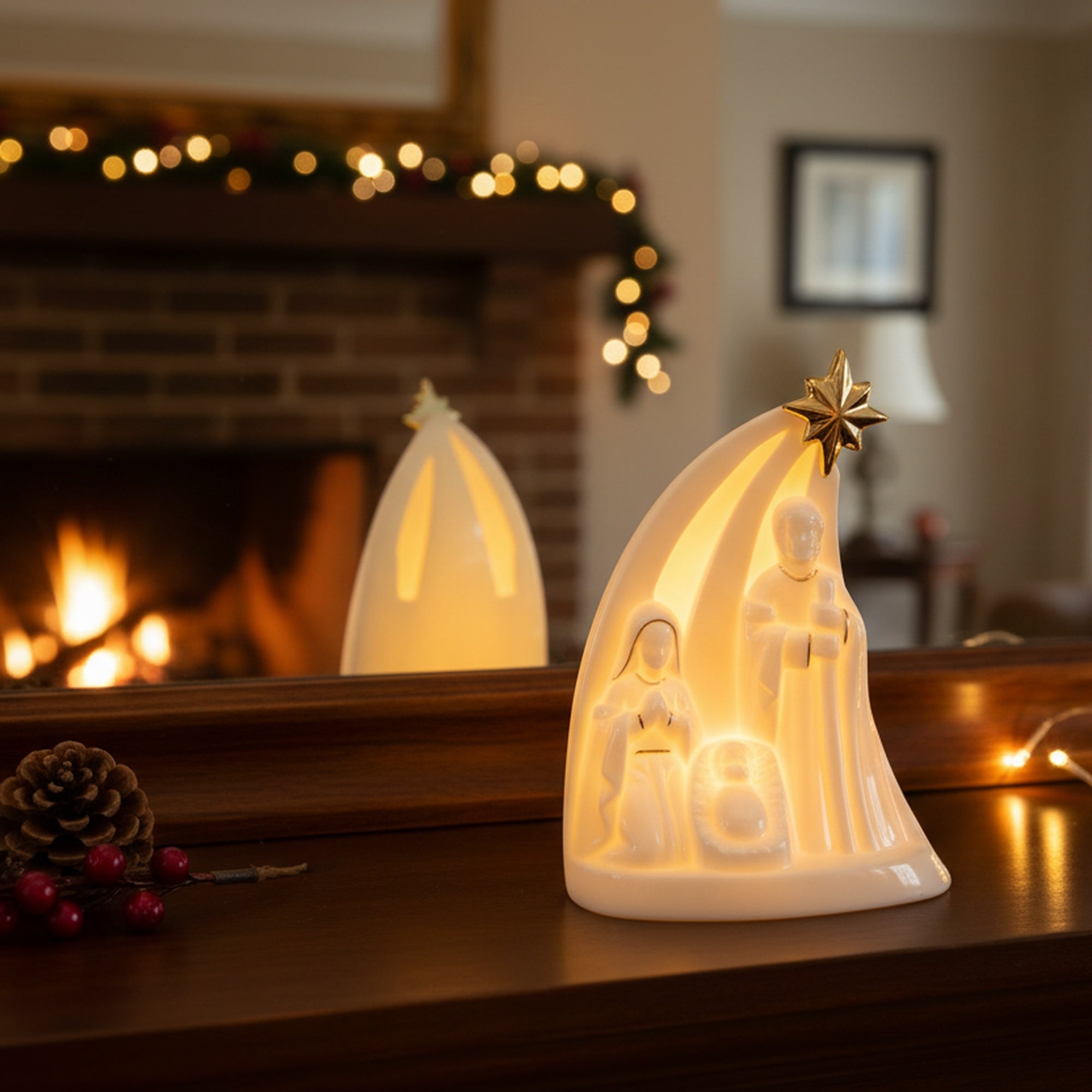 LED White Porcelain Nativity Scene with Gold Star, Christmas, Figurine, Holiday Decor