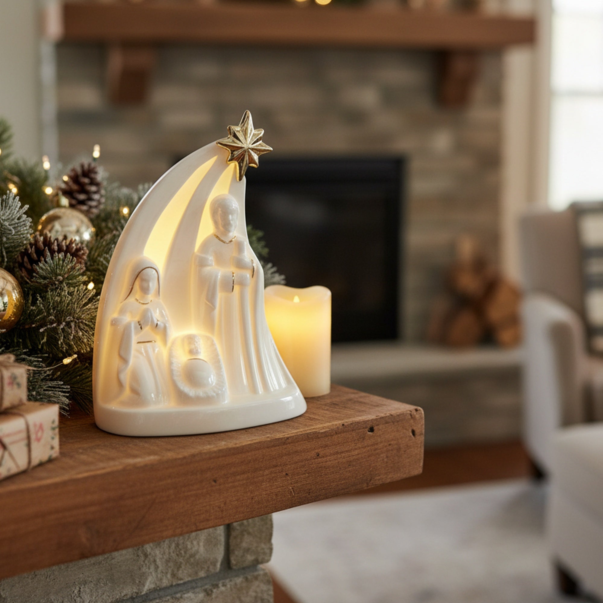 LED White Porcelain Nativity Scene with Gold Star, Christmas, Figurine, Holiday Decor