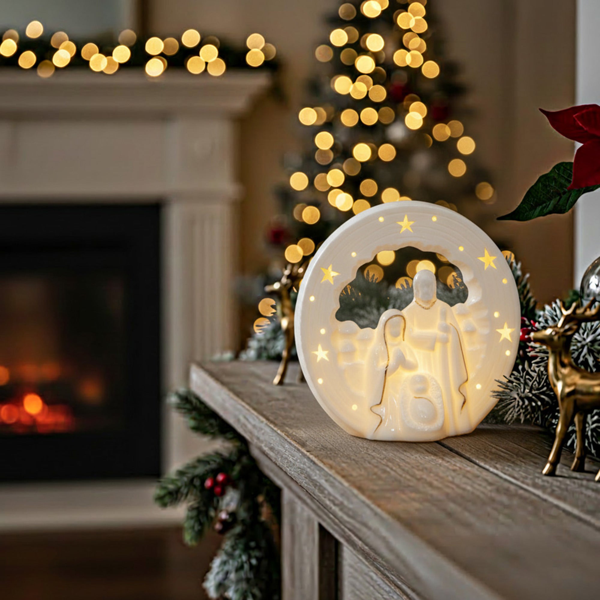 LED White Porcelain Nativity Scene with Star Cut-Out, Christmas, Figurine, Holiday Decor