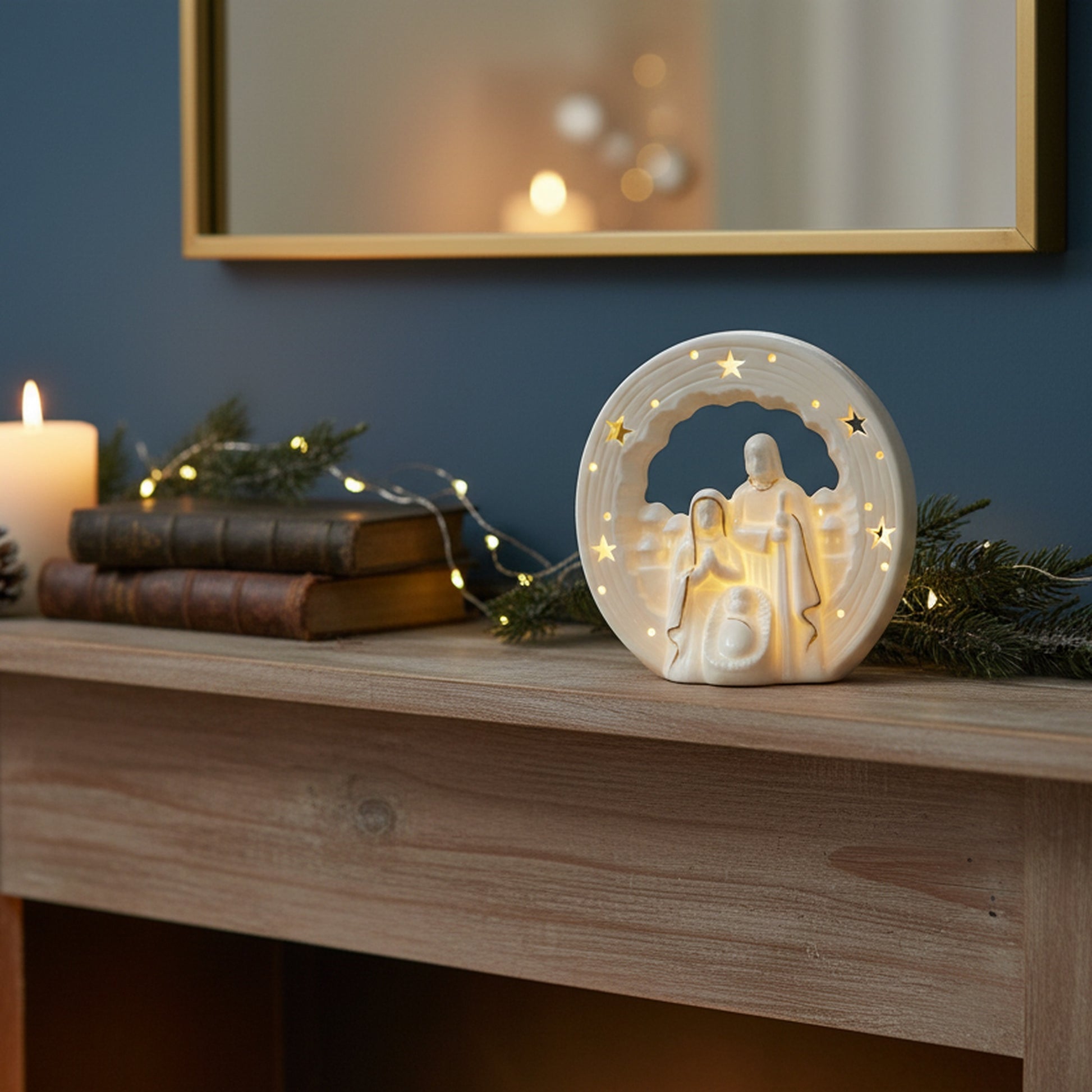 LED White Porcelain Nativity Scene with Star Cut-Out, Christmas, Figurine, Holiday Decor
