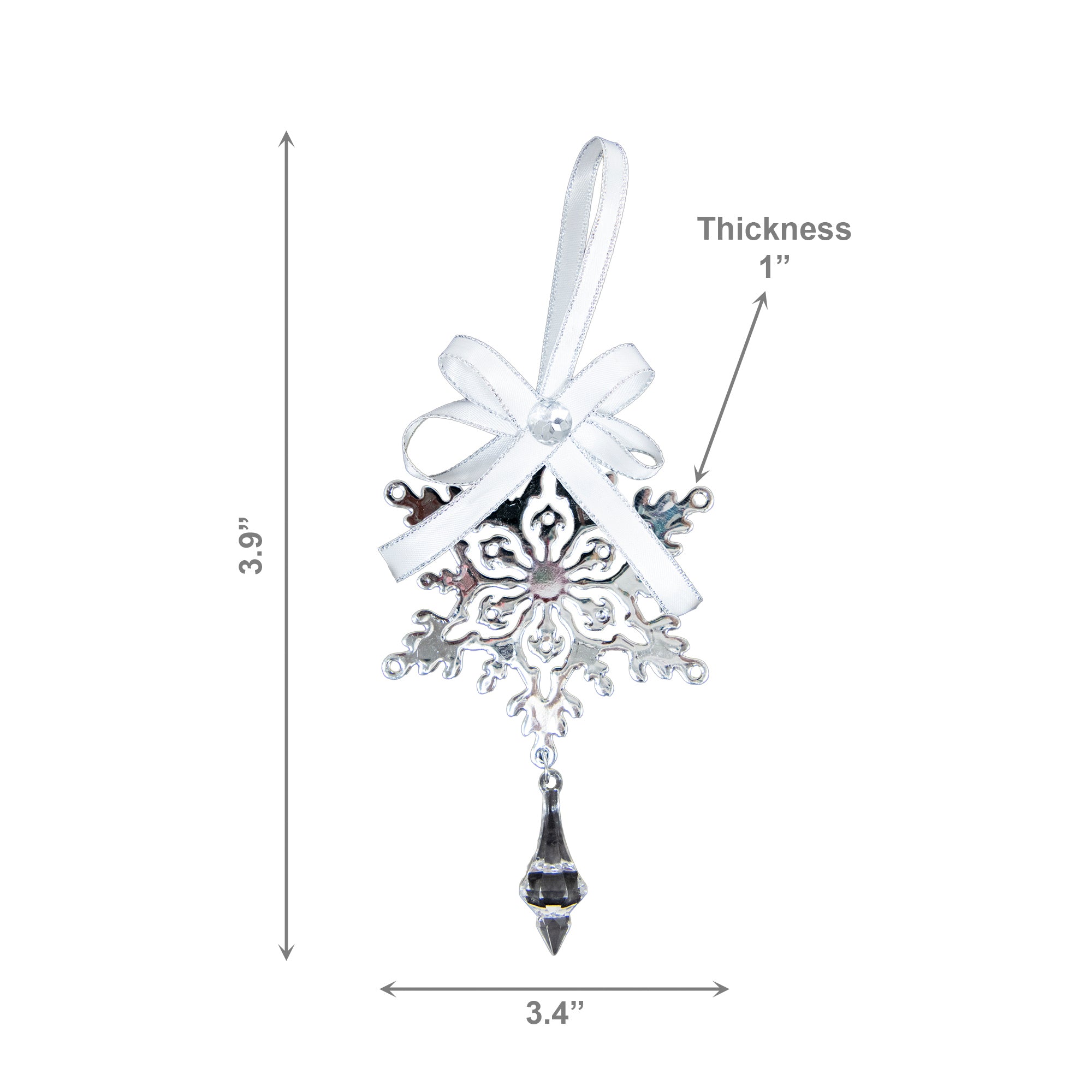 Silver Metal Ornament with Crystal Drop Snowflake, Christmas, Ornament, Holiday Decor- Set of 6