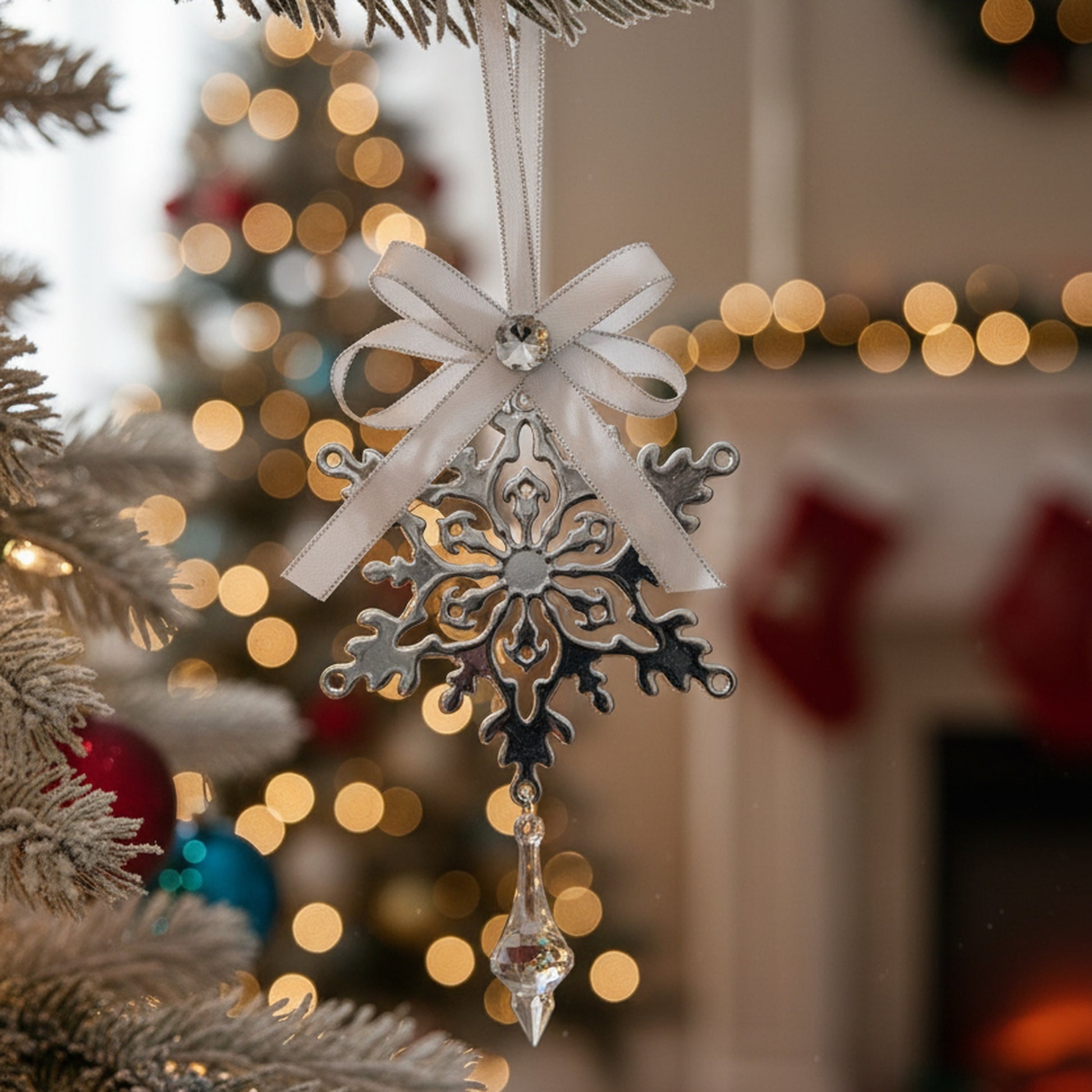 Silver Metal Ornament with Crystal Drop Snowflake, Christmas, Ornament, Holiday Decor- Set of 6