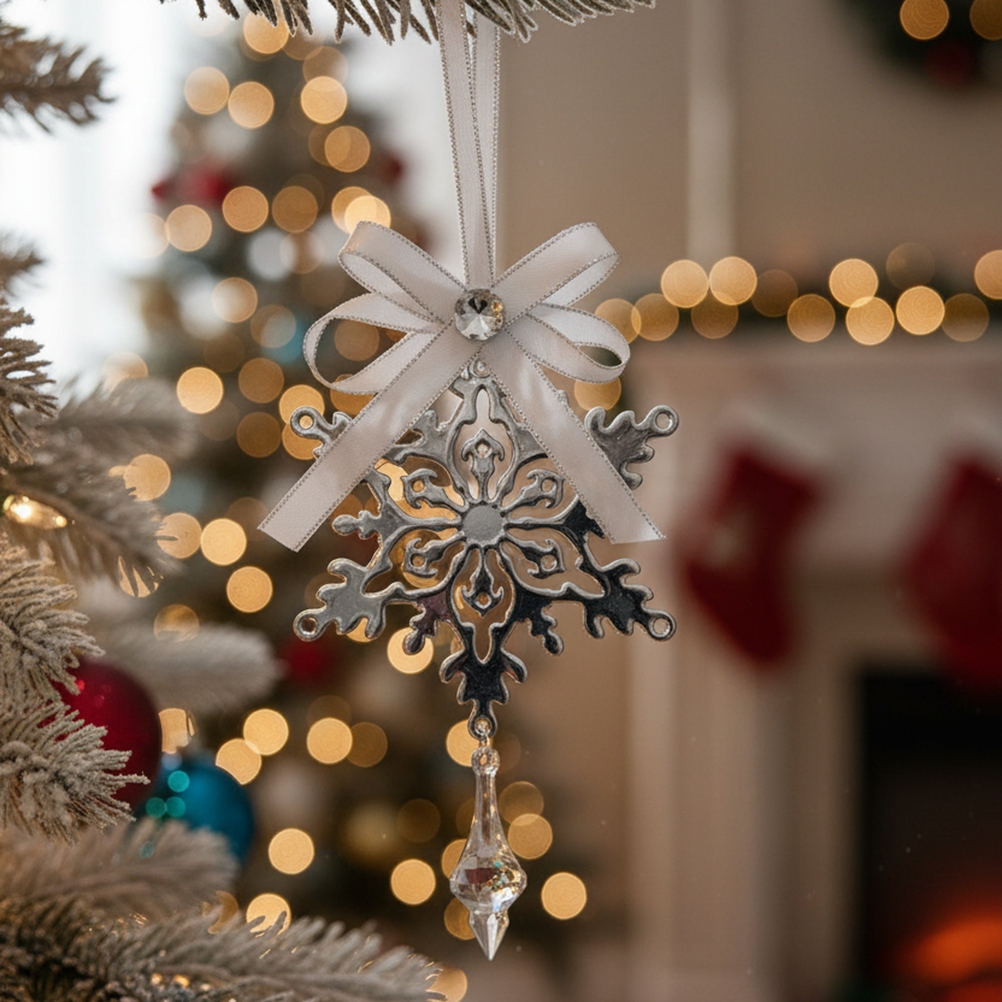 Silver Metal Ornament with Crystal Drop Snowflake, Christmas, Ornament, Holiday Decor- Set of 6