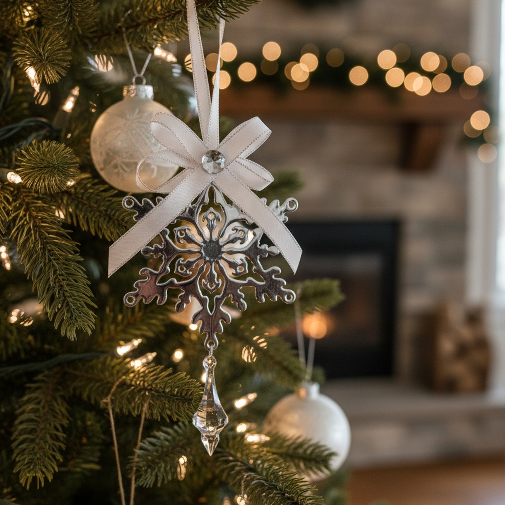 Silver Metal Ornament with Crystal Drop Snowflake, Christmas, Ornament, Holiday Decor- Set of 6