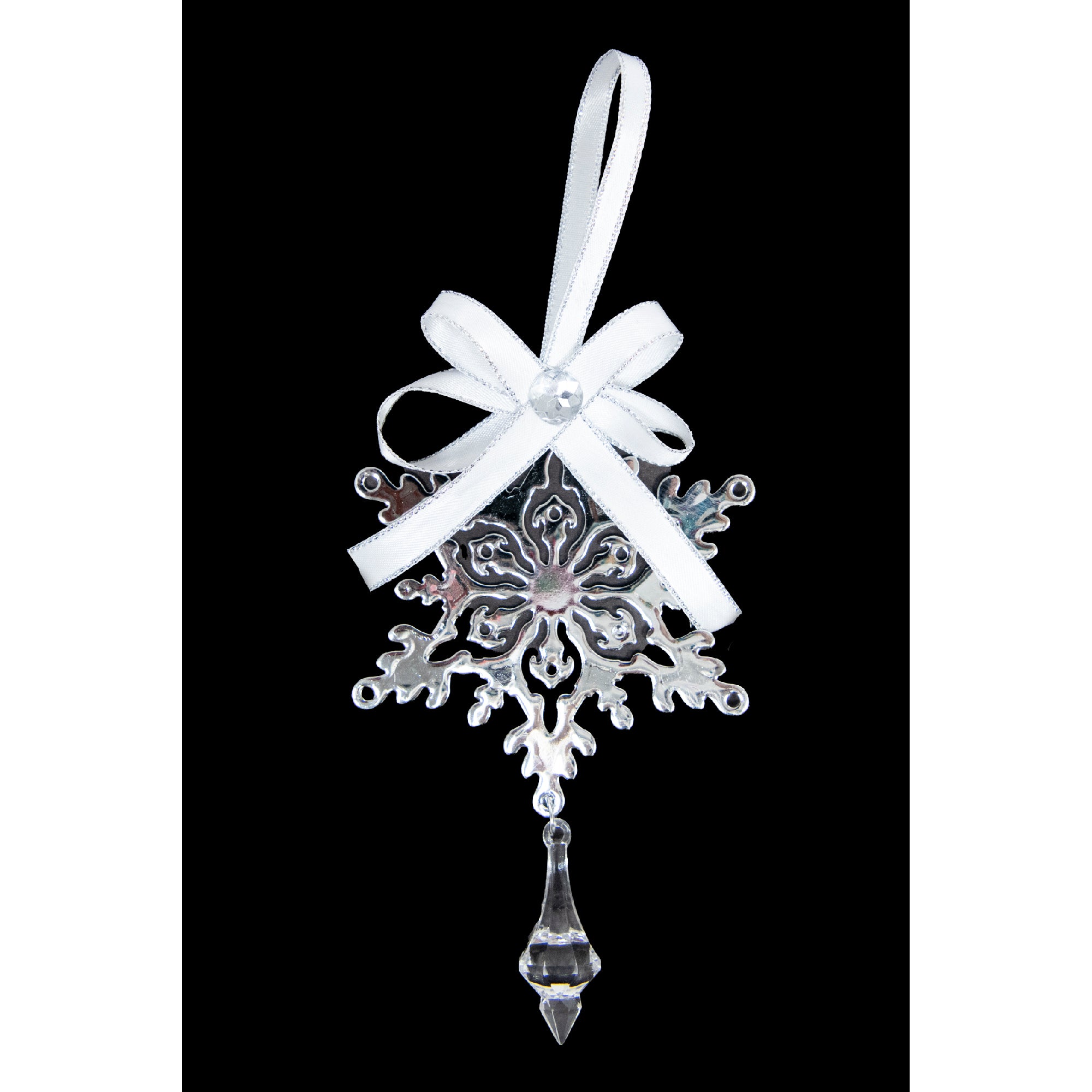 Silver Metal Ornament with Crystal Drop Snowflake, Christmas, Ornament, Holiday Decor- Set of 6