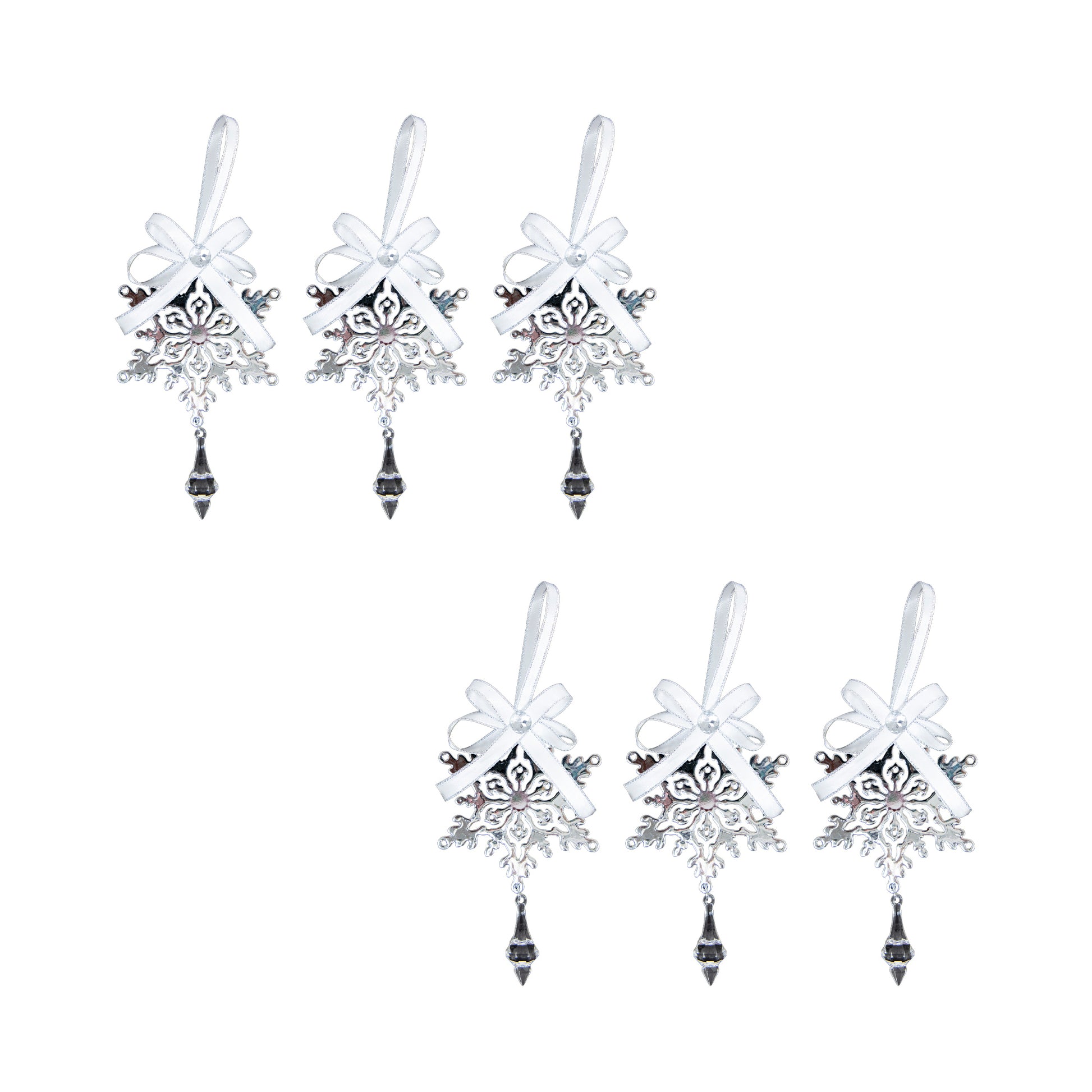 Silver Metal Ornament with Crystal Drop Snowflake, Christmas, Ornament, Holiday Decor- Set of 6