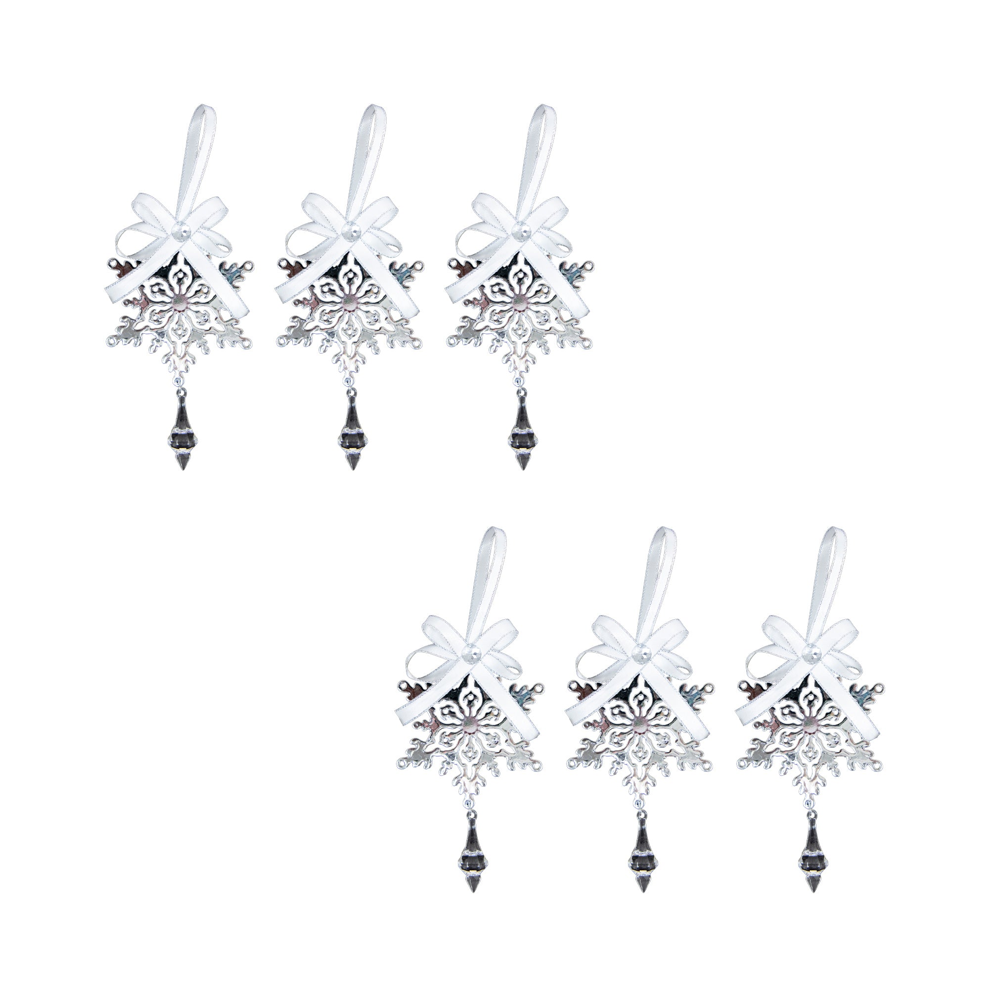 Silver Metal Ornament with Crystal Drop Snowflake, Christmas, Ornament, Holiday Decor- Set of 6