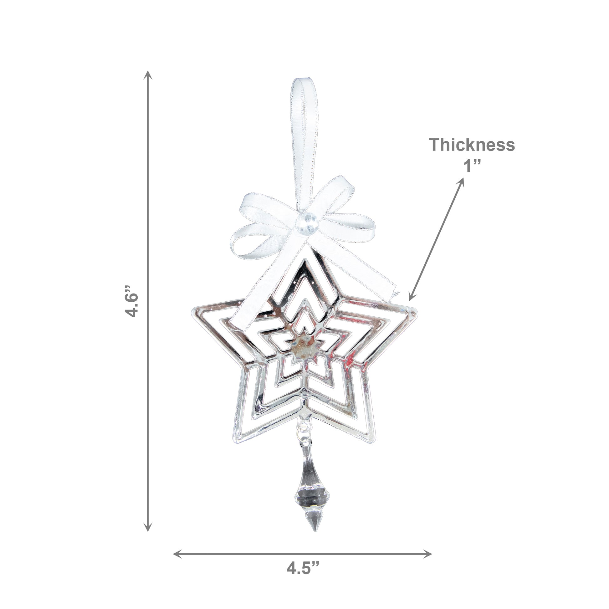 Silver Metal Ornament with Crystal Drop Star, Ornament, Holiday Decor- Set of 6