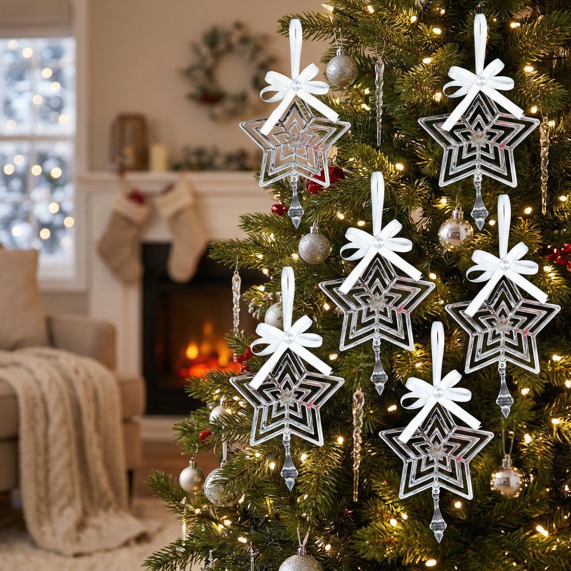 Silver Metal Ornament with Crystal Drop Star, Ornament, Holiday Decor- Set of 6