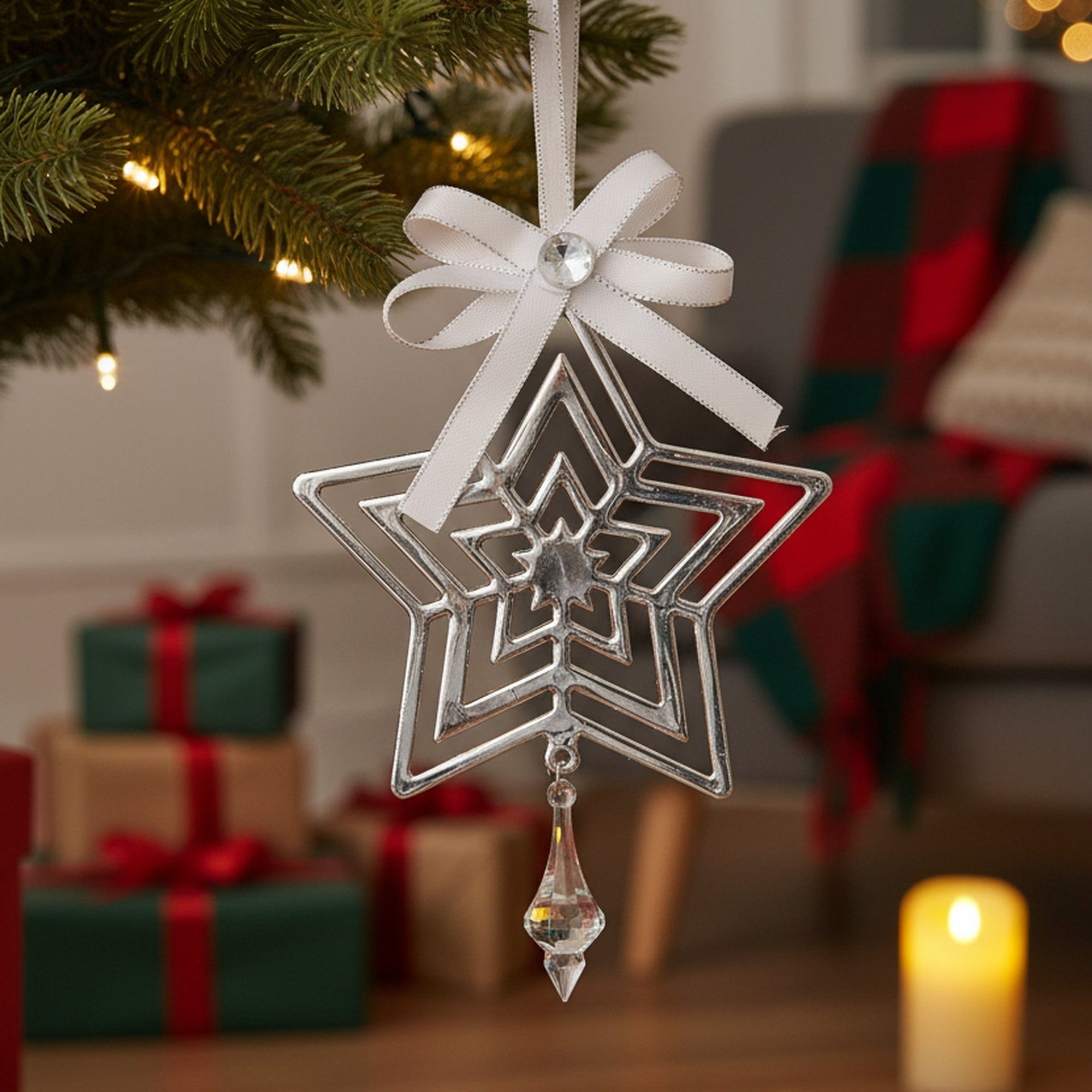 Silver Metal Ornament with Crystal Drop Star, Ornament, Holiday Decor- Set of 6