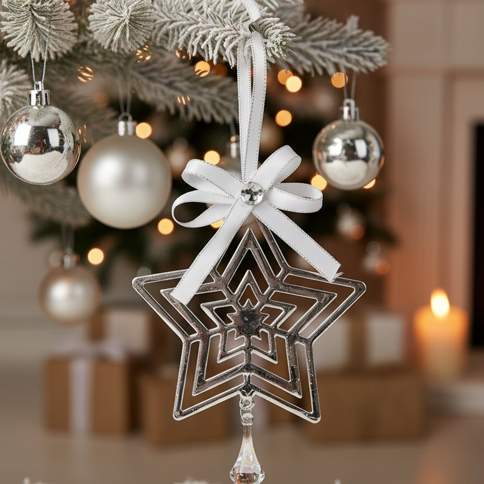 Silver Metal Ornament with Crystal Drop Star, Ornament, Holiday Decor- Set of 6