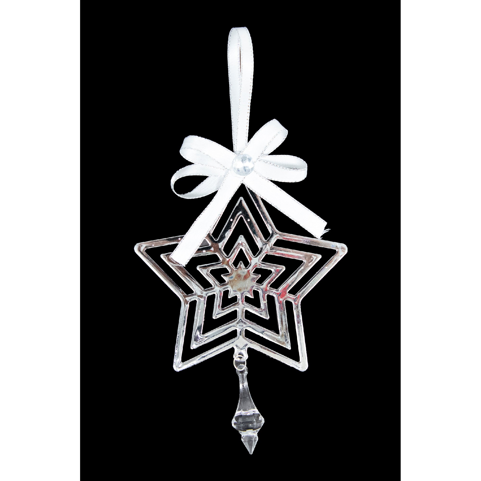 Silver Metal Ornament with Crystal Drop Star, Ornament, Holiday Decor- Set of 6