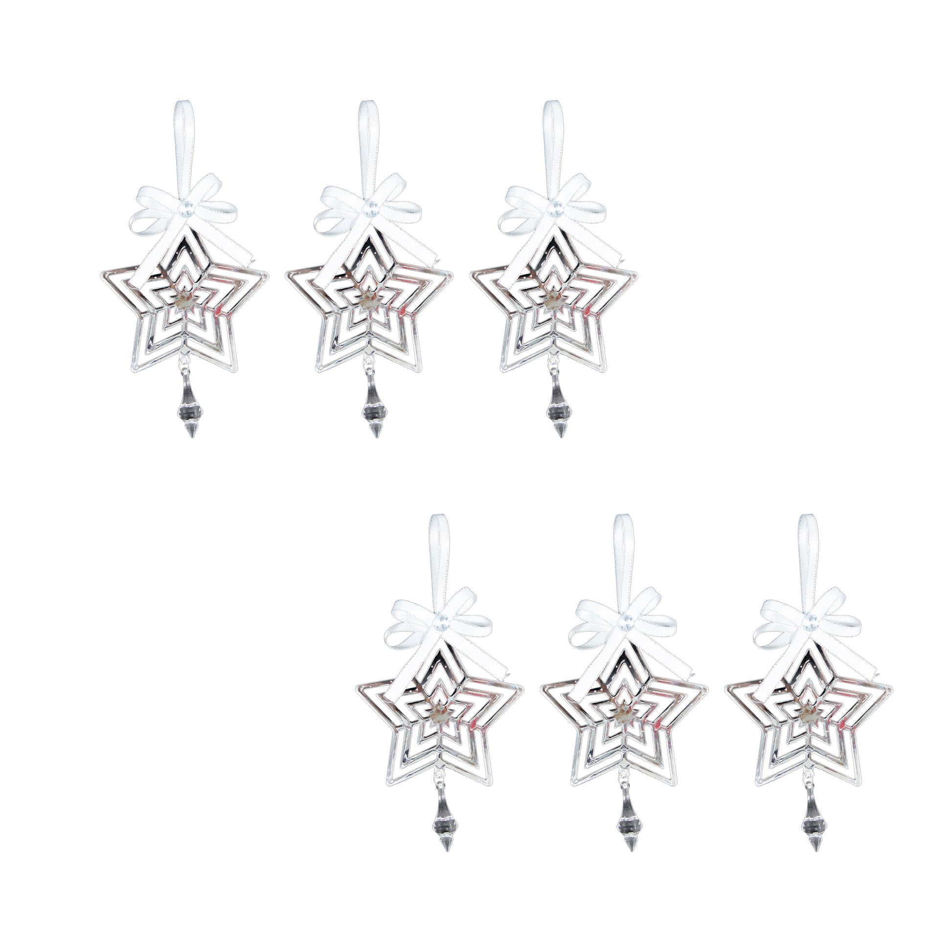 Silver Metal Ornament with Crystal Drop Star, Ornament, Holiday Decor- Set of 6