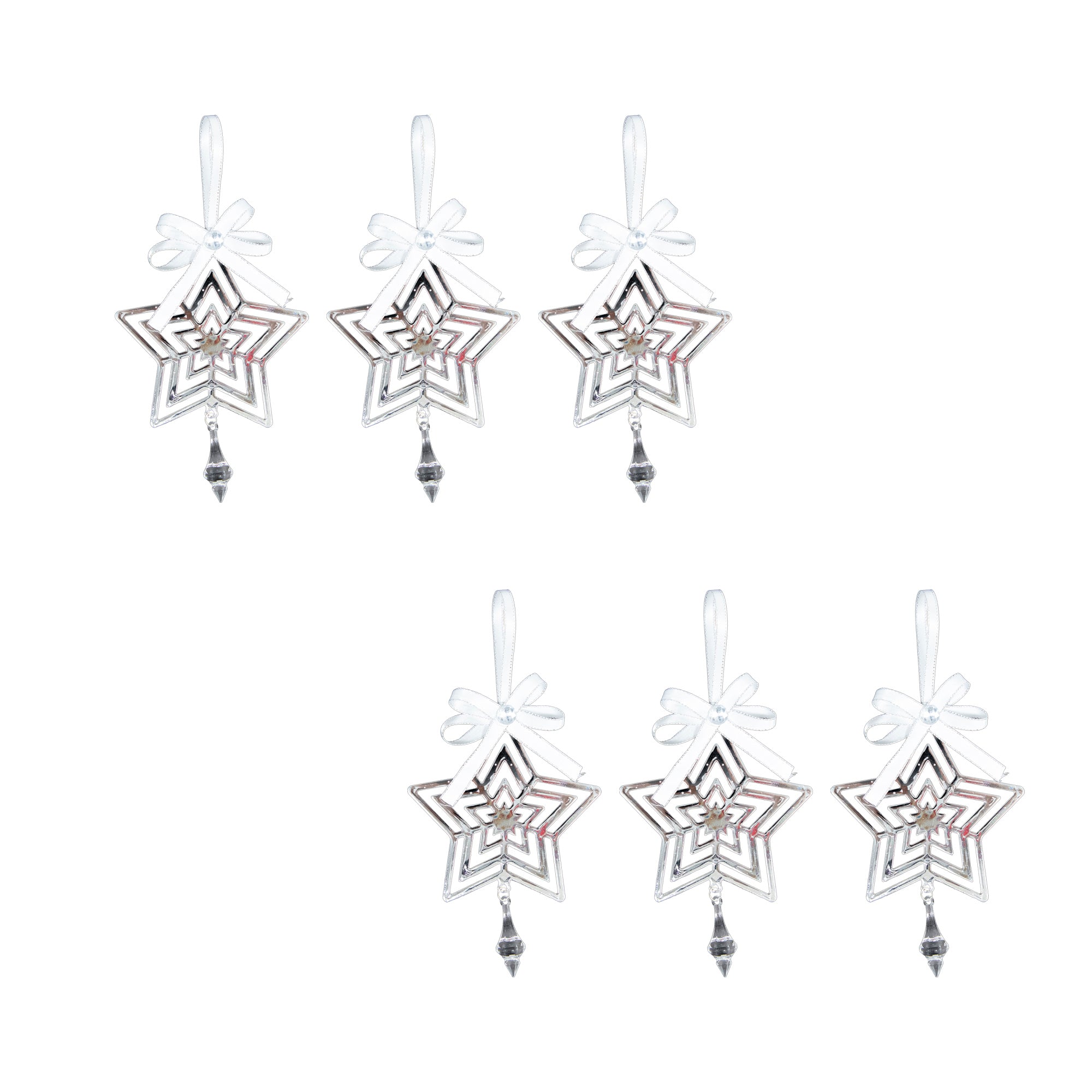 Silver Metal Ornament with Crystal Drop Star, Ornament, Holiday Decor- Set of 6