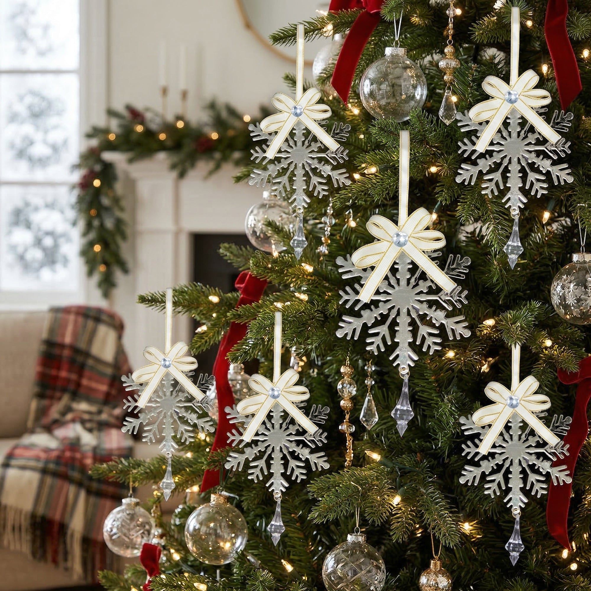 Gold Metal Ornament with Crystal Drop Snowflake, Christmas, Ornament, Holiday Decor- Set of 6