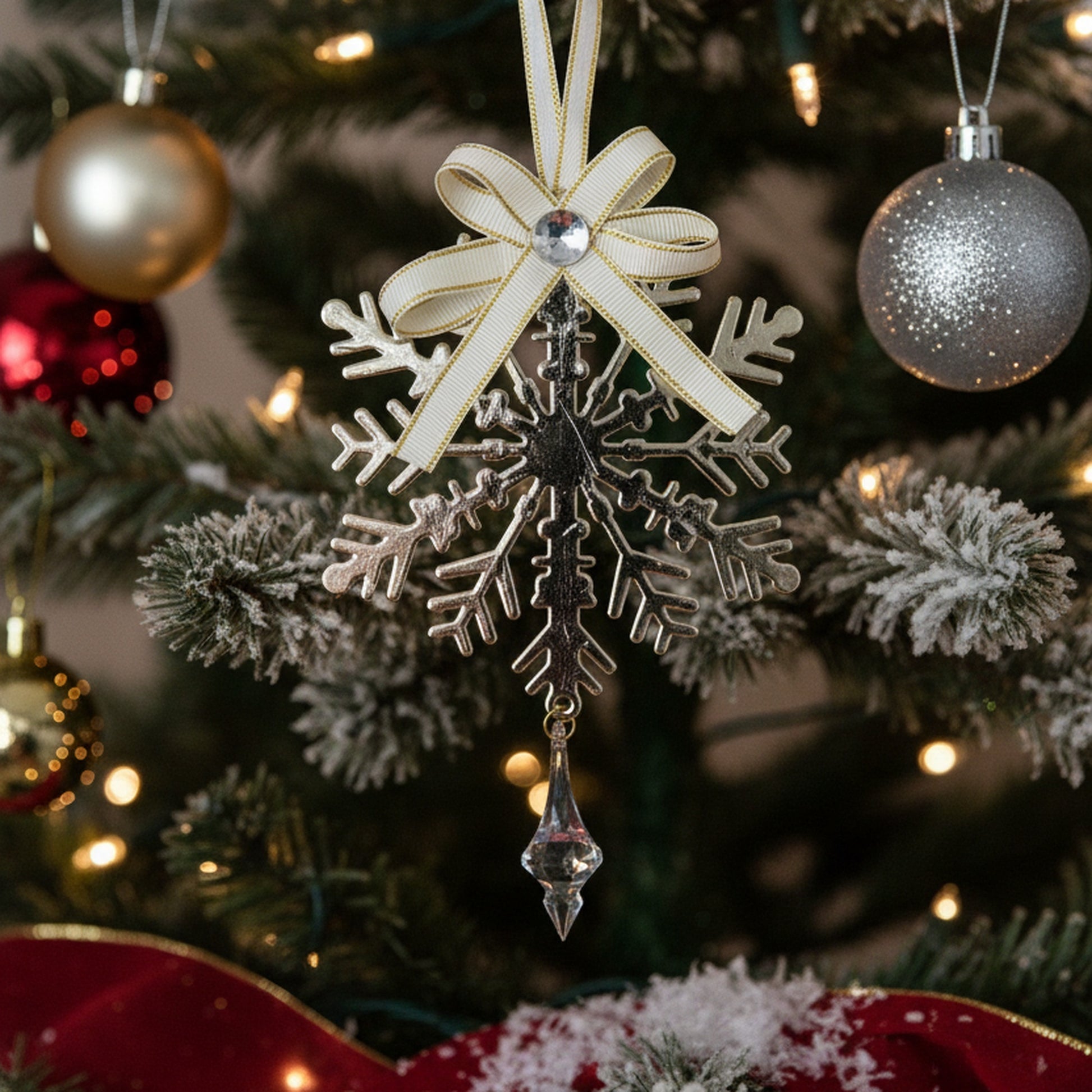Gold Metal Ornament with Crystal Drop Snowflake, Christmas, Ornament, Holiday Decor- Set of 6