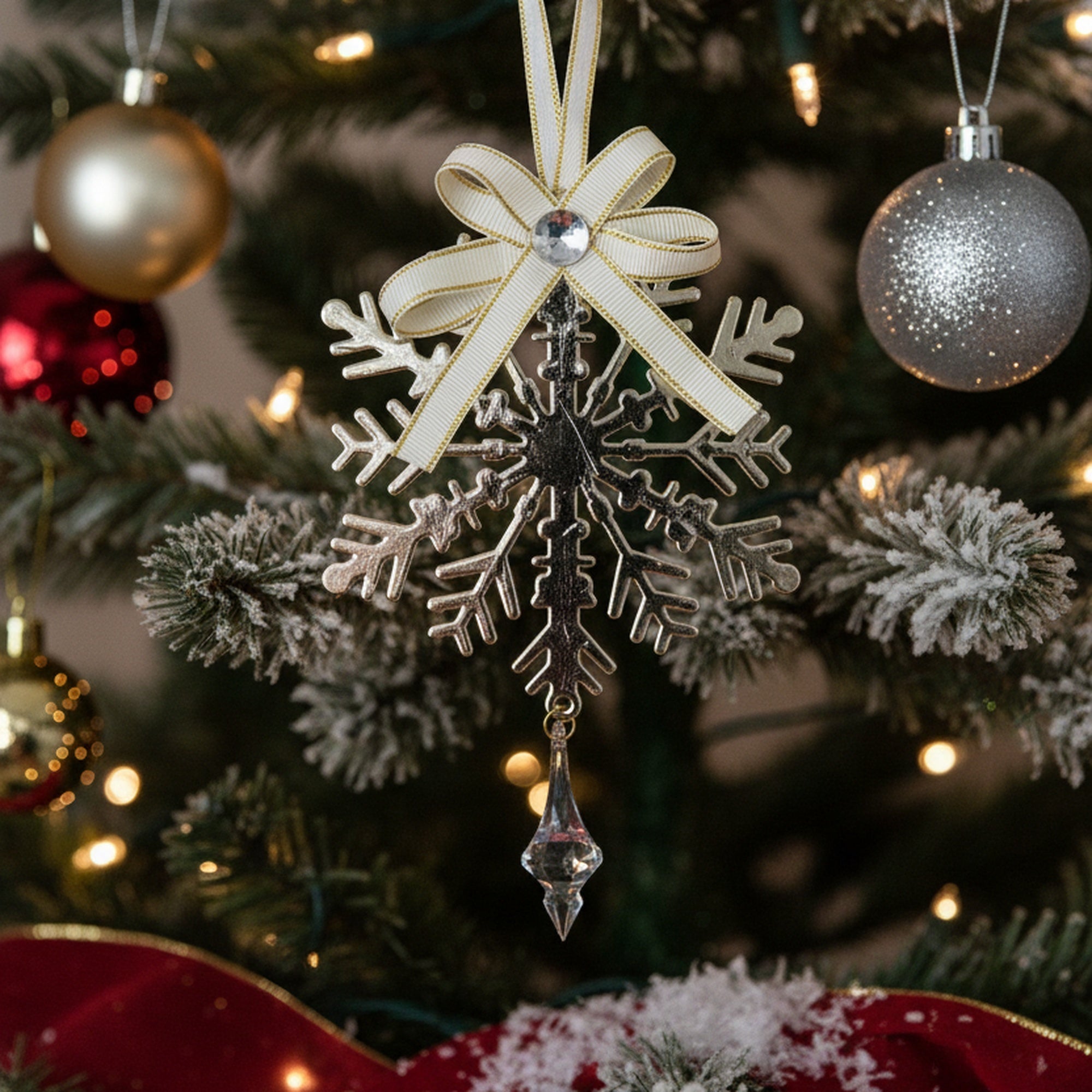 Gold Metal Ornament with Crystal Drop Snowflake, Christmas, Ornament, Holiday Decor- Set of 6